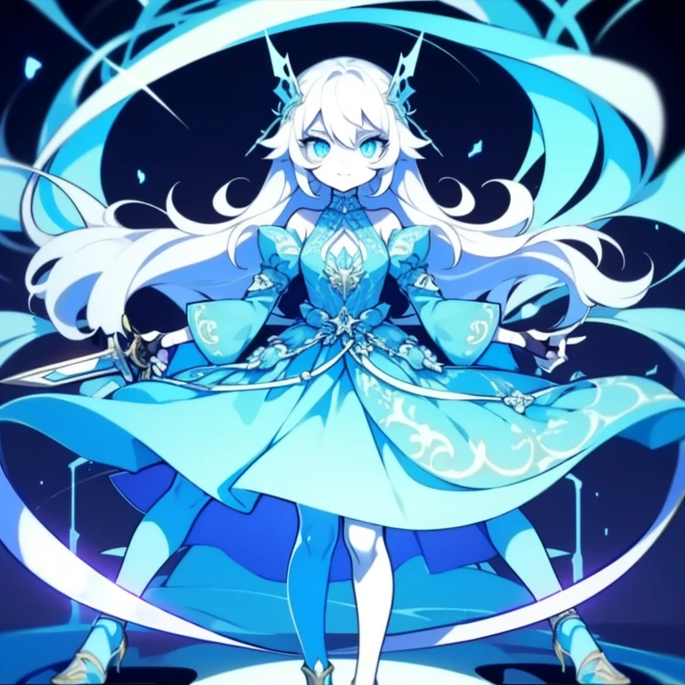 Half-length statue of a girl,k hd,4K,face expressionless,style of anime,sideface,white backgrounid,blue color eyes,white color hair,((full body)),Confused eyes,(default character)SD character, masterpiece,best quality,ultra detailed,4K,super fine illustration,highly detailed beautiful face and eyes,cyan color scheme, lighting,fantasy,extremely solemn atmosphere,long hair,floating hair,smirk,fighting stance,dynamic pose,(holding glowing sword:1.3),particle light,luminescence,plasma,electric current,blue flame,sense of depth,dynamic angle,