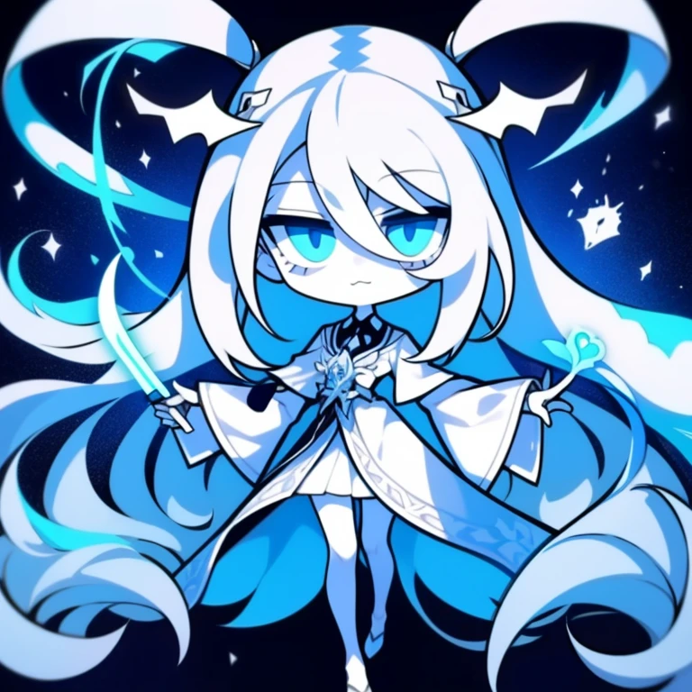 Half-length statue of a girl,k hd,4K,face expressionless,style of anime,sideface,white backgrounid,blue color eyes,white color hair,((full body)),Confused eyes,(default character)SD character, masterpiece,best quality,ultra detailed,4K,super fine illustration,highly detailed beautiful face and eyes,cyan color scheme, lighting,fantasy,extremely solemn atmosphere,long hair,floating hair,smirk,fighting stance,dynamic pose,(holding glowing sword:1.3),particle light,luminescence,plasma,electric current,blue flame,sense of depth,dynamic angle,