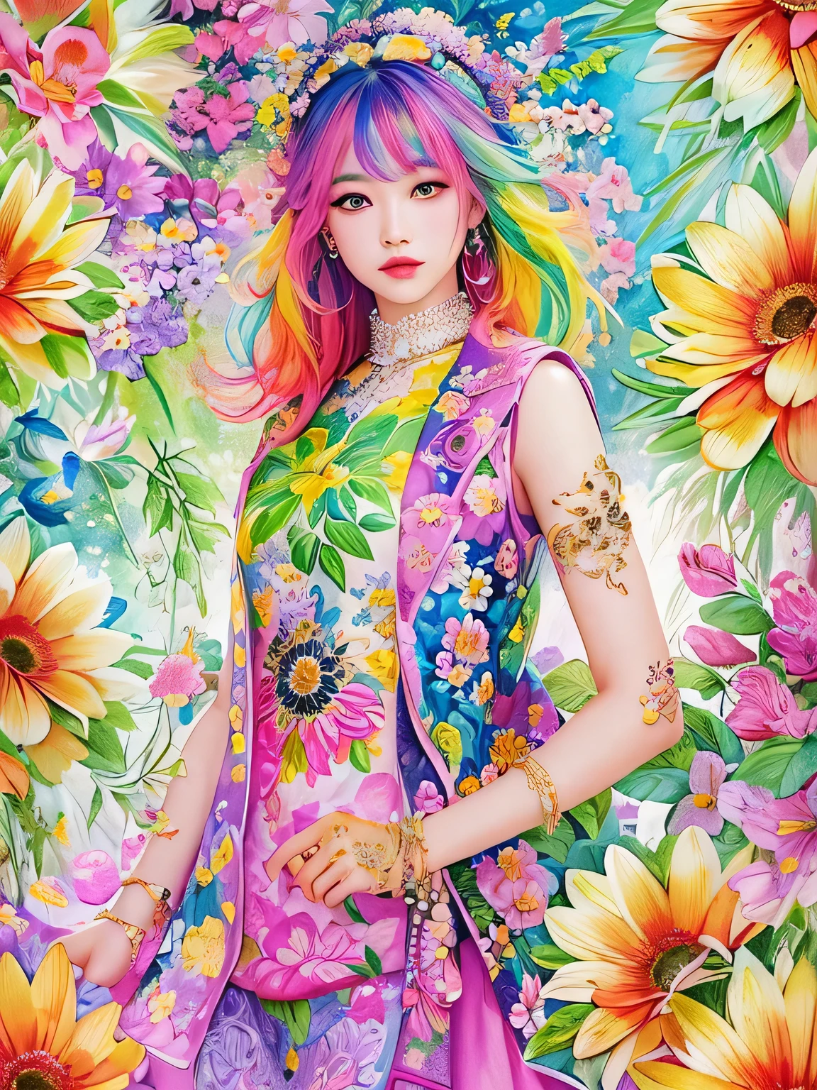 Chun Lo Style、(((stylish fashion))), 8K Quality、Intense watercolor, Detailed watercolor art, Watercolor splash, Surreal, avant-garde pop art, Beautiful and expressive paintings, Beautiful artwork illustration, Very colorful tones, wonderful, Cool beauty, highest quality、Official Art, Vector art, Stylish design, (((The most beautiful girl))), (((highest quality))), HDR, ((detailed)), (((Doodle Art)), ((masterpiece)), ((Super detailed)), (((Colorful flowers))),(((Stylish))),