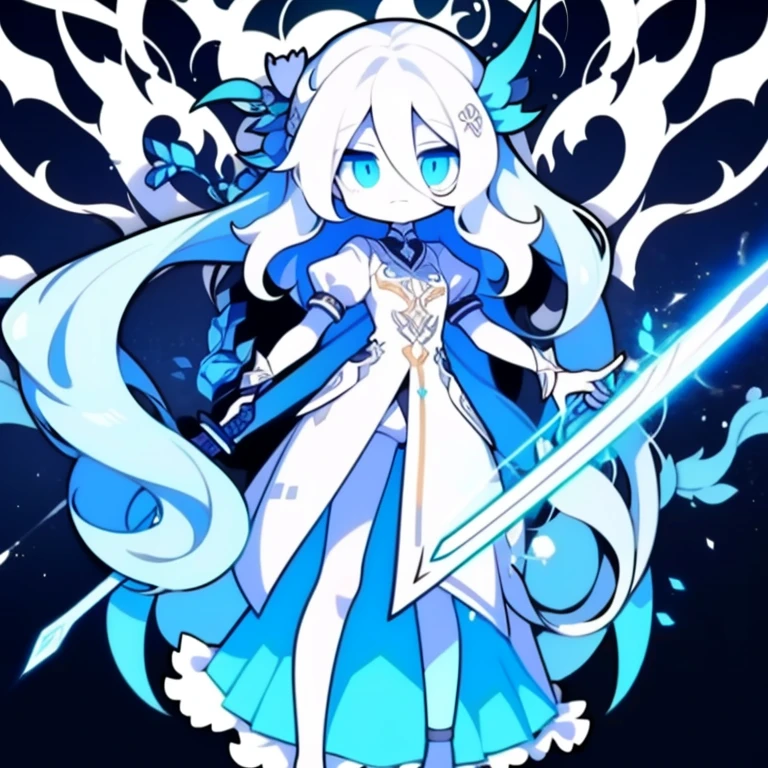 Half-length statue of a girl,k hd,4K,face expressionless,style of anime,sideface,white backgrounid,blue color eyes,white color hair,((full body)),Confused eyes,(default character)SD character, masterpiece,best quality,ultra detailed,4K,super fine illustration,highly detailed beautiful face and eyes,cyan color scheme, lighting,fantasy,extremely solemn atmosphere,long hair,floating hair,smirk,fighting stance,dynamic pose,(holding glowing sword:1.3),particle light,luminescence,plasma,electric current,blue flame,sense of depth,dynamic angle,