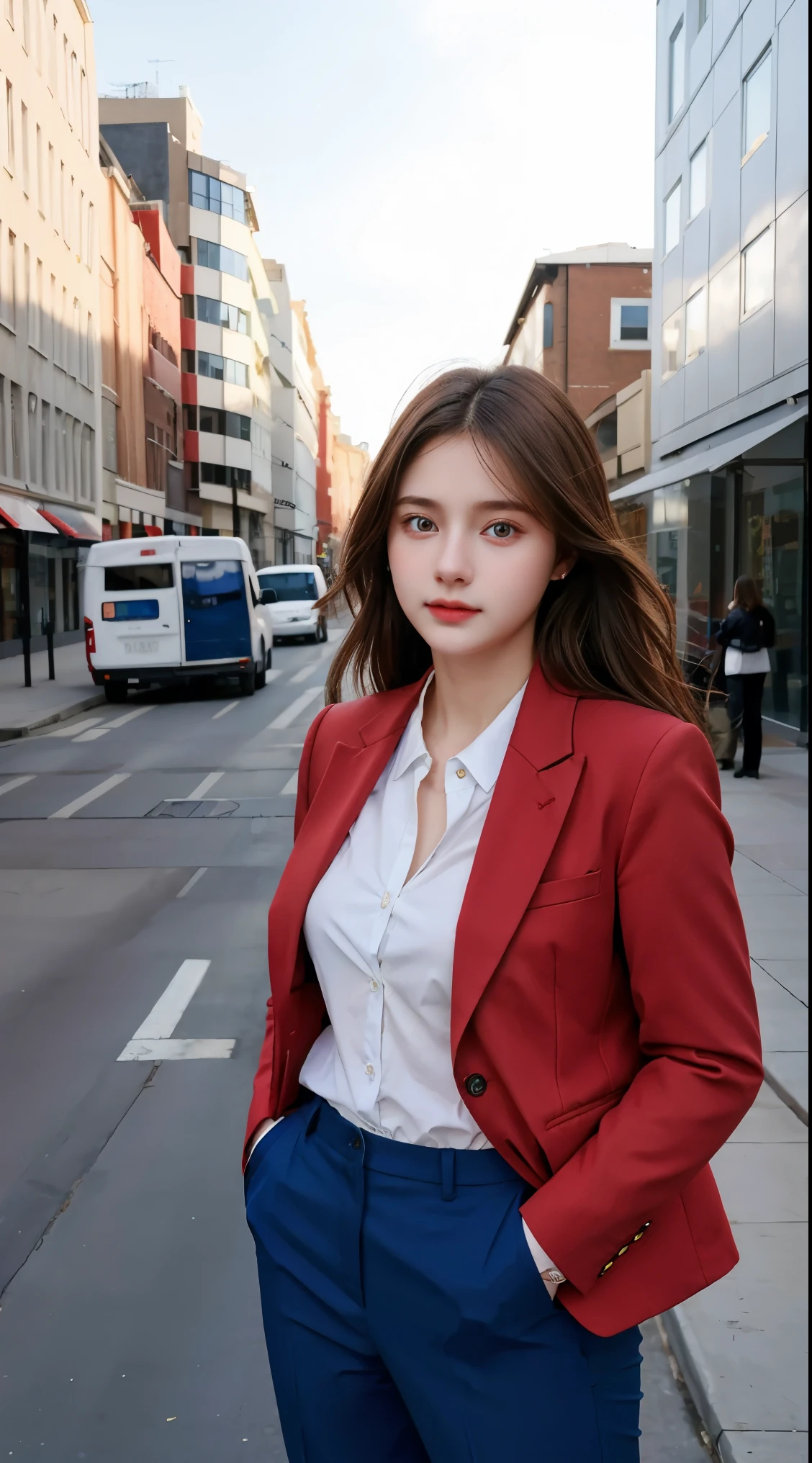 Gorgeus Girl, Beautiful, , 20 Years Old, White Skin, wearing red blazer, Blue Eye, street Background, Masterpiece, full body Shot, facing forward, woman trousers, business suit