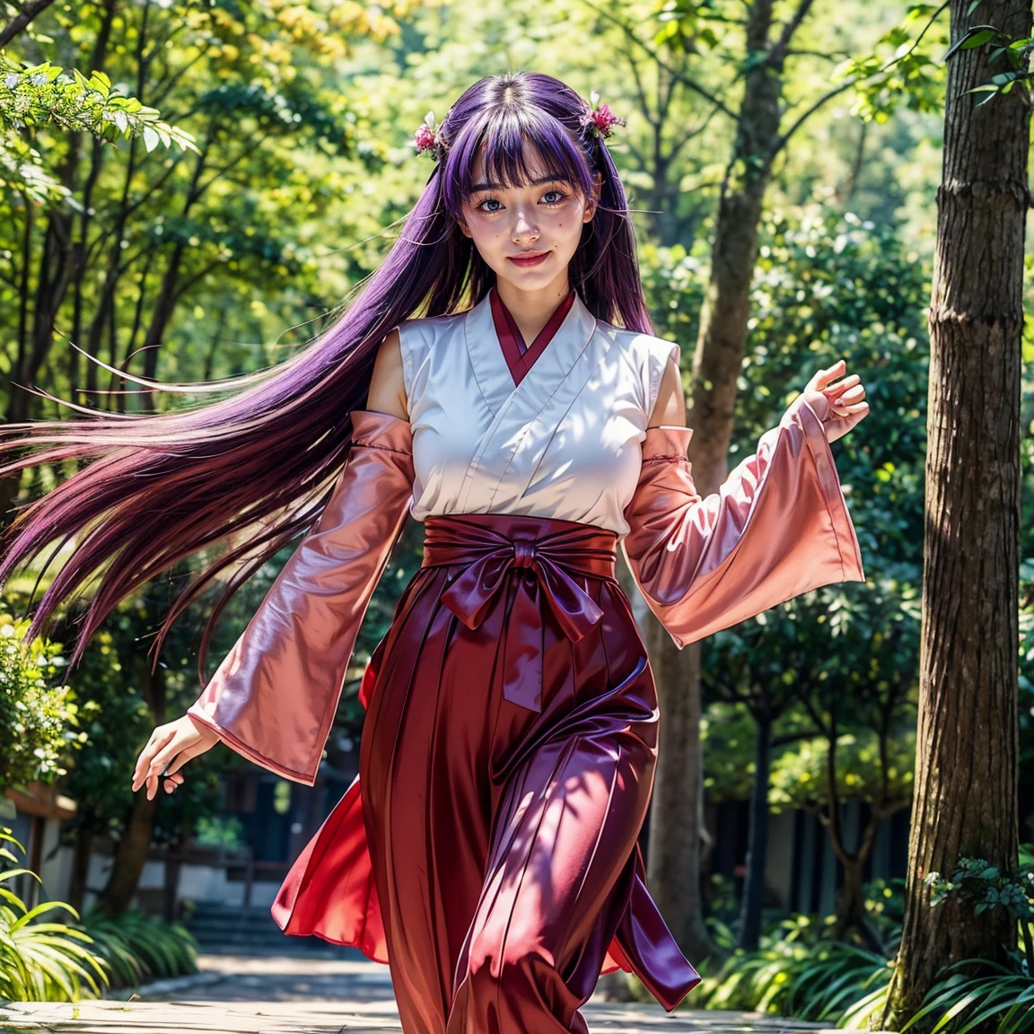 ultra-detailed, Beautiful body, Beautiful Nose, Beautiful character design, perfect eyes, perfect face, ultra highres, 16K, beautiful legs, perfect legs, Nice hands, Perfect hands, Masterpiece, Best Quality, Highly detailed, illustration, absurdres, perfect anatomy, expression of joy, glowing eyes, looking at viewer, mystic aura, female priestess, full body, goddess-like, happy trance, perfect female body, smile, japanese clothes, miko, detached sleeves, hakama, hakama skirt, red hakama, ribbon-trimmed sleeves, joyful eyes, horns, 1girl, hair ornaments, purple hair, long hair, purple eyes, (((pixel-perfect, detail-perfect))), solo, Hanyuu, higurashi when they cry, umineko when they cry, medium sized natural breasts