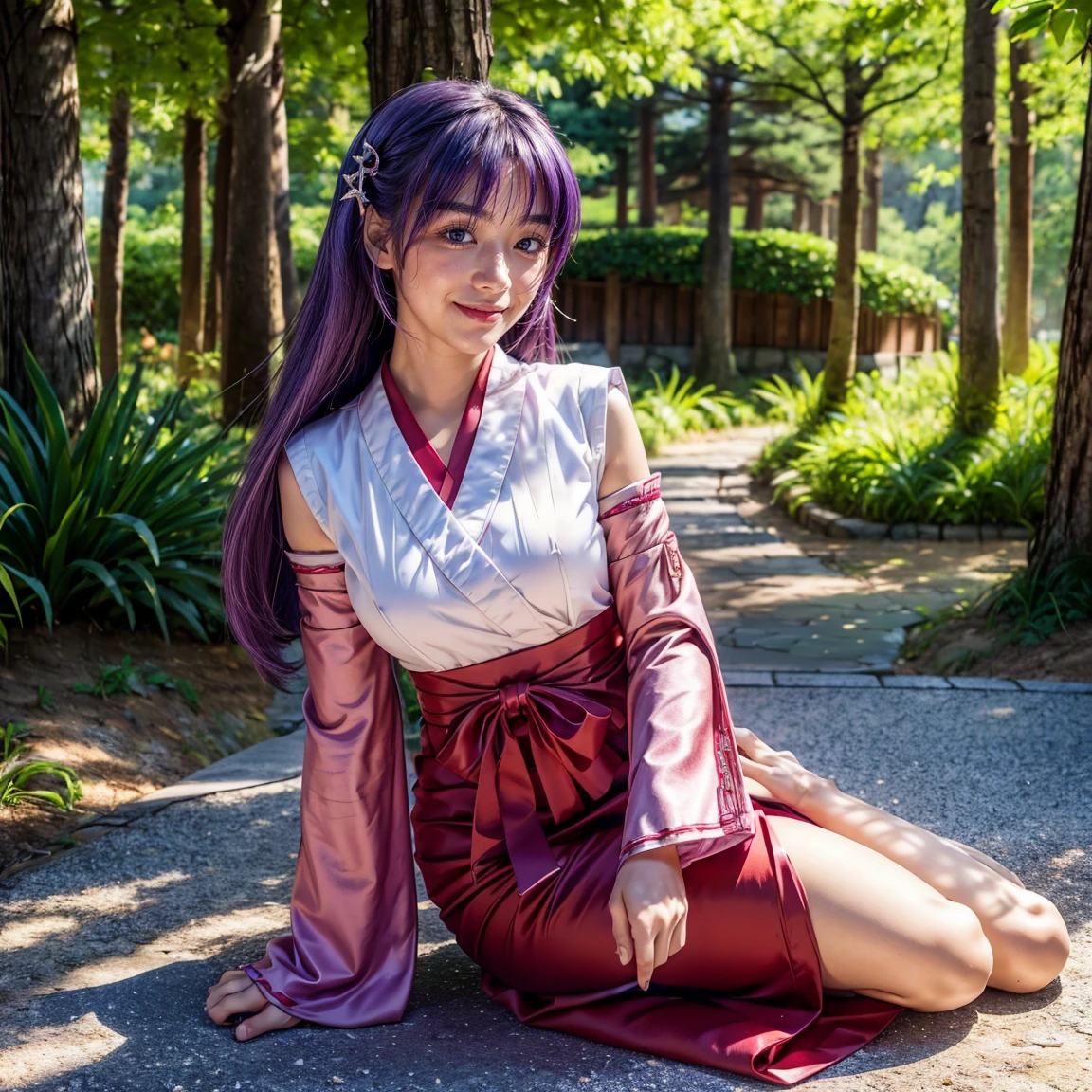 ultra-detailed, Beautiful body, Beautiful Nose, Beautiful character design, perfect eyes, perfect face, ultra highres, 16K, beautiful legs, perfect legs, Nice hands, Perfect hands, Masterpiece, Best Quality, Highly detailed, illustration, absurdres, perfect anatomy, expression of joy, glowing eyes, looking at viewer, mystic aura, female priestess, full body, goddess-like, happy trance, perfect female body, smile, japanese clothes, miko, detached sleeves, hakama, hakama skirt, red hakama, ribbon-trimmed sleeves, joyful eyes, horns, 1girl, hair ornaments, purple hair, long hair, purple eyes, (((pixel-perfect, detail-perfect))), solo, Hanyuu, higurashi when they cry, umineko when they cry, medium sized natural breasts