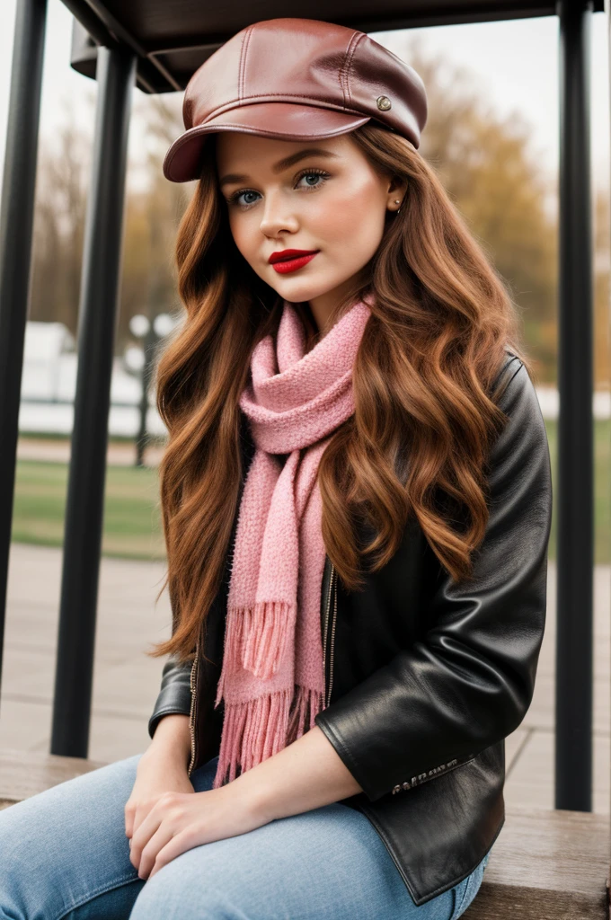 Photorealistic, best quality, hyper detailed, full-body picture. Gorgeous, pretty, warm-hearted, kind-hearted, good-hearted, stunning, cheerful, sweet, polite, sensitive, sensible, shiny, charming, alluring, dreamy, graceful, classy, stylish, flowing quite long ginger haired russian woman with the cutest face, fair porcelain skin, soft make-up, red lipstick, she is wearing a leather jacket, riding boots, a black newsboy cap and a pink scarf. She's at playground with a little cute girl who is , enjoying time with her niece.