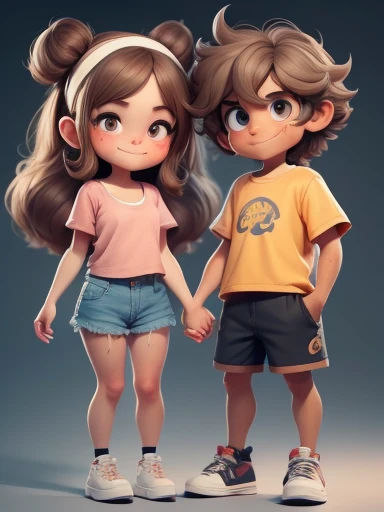 2 joyful people(1 unshaven guy and 1 girl with aesthetic small breasts), holding hands, Brother and sister, Love, friendship, cute beautiful faces, round faces, brown-eyed, very shaggy tousled brown hair, white tank top and shorts, sneakers, smile at each other; whole body, realistic skin, Realistic eyes, Same height, Modern, High quality textures, very detailed, Anatomical Realism of Hands, Fantastic cutie, funny, IP design, Clean 3D rendering of bright backgrounds, OC rendering, 8K, мягкий focus, Ultra-Thin Glossy Detail --Air 3:6 50 --q 2 --niji 5 --expressive style --s 2