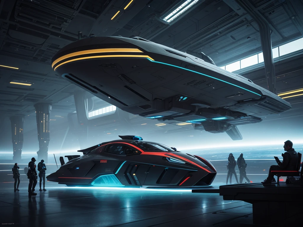 A breathtaking, hyperrealist masterpiece that seamlessly blends the artistic styles of H.G.Wells, Issac Asimov, and Steampunk. The focal point is an extraordinary, futuristic sci-fi portrait of an immense starship, with neon gold and ruby red as its primary colors, creating a striking contrast against the vastness of space.Starship UPA Vagark NDD 1825 out a of hard glass +dark gold+ aquamarine.The glass & metal ring is a 432' long and 24 in diameter.There is a saucer section that is 72' high by 288' long by 144'wide,&it goes beyond the ring by 60° to the front of the Starship.Put 2 nacels@ 75° above the back of the Starship.A striking digital illustration of the interior of a massive spaceship with a grey exterior, illuminated by blue neon light fixtures. Intricate levels and rooms are interconnected, with workers dressed in forest green body armor attending to their duties. The background features futuristic tech and industrial design elements, including towering skyscrapers and AI figures in awe. Through the dock window, another spaceship is visible, flying just outside. The birth of the world's first functional quantum computer is masterfully depicted as a glowing, intricate structure in the foreground. The starship's primary colors are neon gold and candy apple red, contrasting against the vastness of space and inspired by visionary styles of Jules Verne, Leonardo Da Vinci.A highly detailed, photorealist hyperdetailed, masterpiece, seamlessly blending the artistic styles of George Lucas, & Larry Niven.The primary colors of the immense starship are neon gold, sky blue and ruby red accents, creating a striking contrast against the vastness of space with lemon-colored crystalline nacelles, elegantly angled at 75 degrees, emit a mesmerizing neon sky blue light, adding to the ship's futuristic allure.