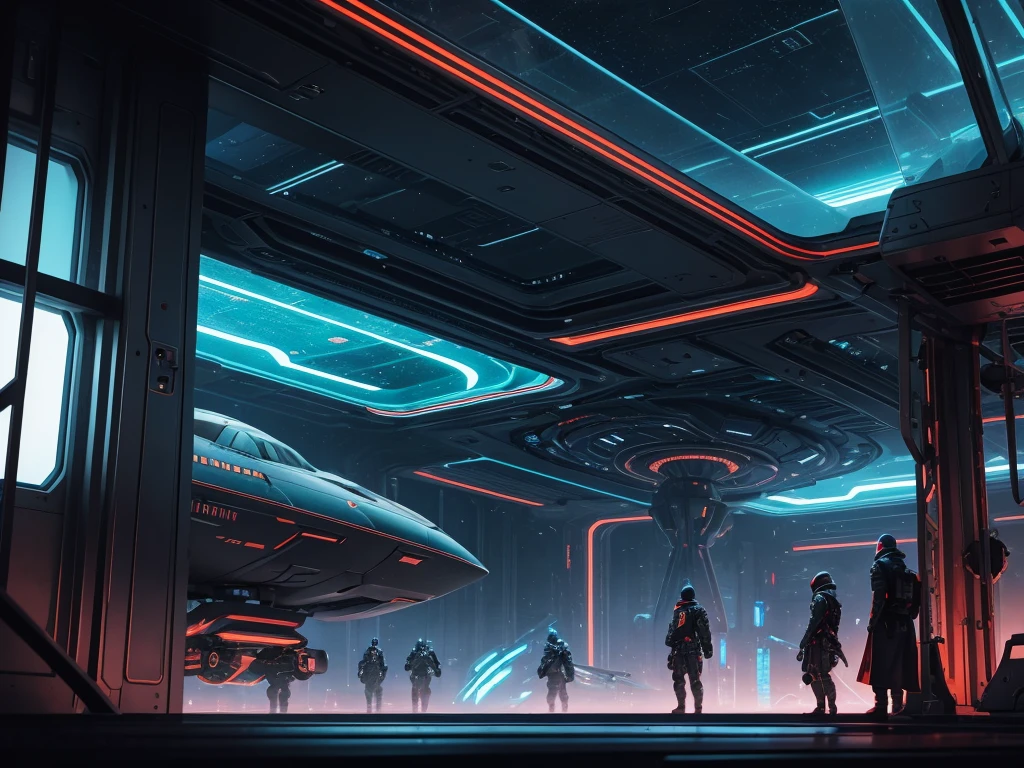 A breathtaking, hyperrealist masterpiece that seamlessly blends the artistic styles of H.G.Wells, Issac Asimov, and Steampunk. The focal point is an extraordinary, futuristic sci-fi portrait of an immense starship, with neon gold and ruby red as its primary colors, creating a striking contrast against the vastness of space.Starship UPA Vagark NDD 1825 out a of hard glass +dark gold+ aquamarine.The glass & metal ring is a 432' long and 24 in diameter.There is a saucer section that is 72' high by 288' long by 144'wide,&it goes beyond the ring by 60° to the front of the Starship.Put 2 nacels@ 75° above the back of the Starship.A striking digital illustration of the interior of a massive spaceship with a grey exterior, illuminated by blue neon light fixtures. Intricate levels and rooms are interconnected, with workers dressed in forest green body armor attending to their duties. The background features futuristic tech and industrial design elements, including towering skyscrapers and AI figures in awe. Through the dock window, another spaceship is visible, flying just outside. The birth of the world's first functional quantum computer is masterfully depicted as a glowing, intricate structure in the foreground. The starship's primary colors are neon gold and candy apple red, contrasting against the vastness of space and inspired by visionary styles of Jules Verne, Leonardo Da Vinci.A highly detailed, photorealist hyperdetailed, masterpiece, seamlessly blending the artistic styles of George Lucas, & Larry Niven.The primary colors of the immense starship are neon gold, sky blue and ruby red accents, creating a striking contrast against the vastness of space with lemon-colored crystalline nacelles, elegantly angled at 75 degrees, emit a mesmerizing neon sky blue light, adding to the ship's futuristic allure.