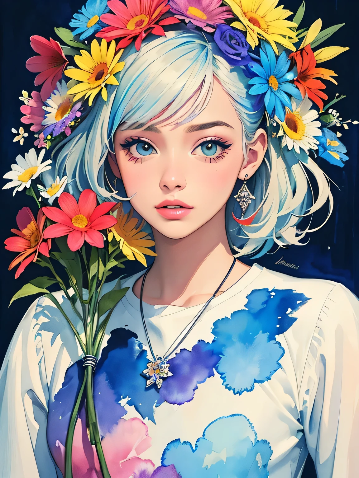 12stairs Style、(((stylish fashion))), 8K Quality、Intense watercolor, Detailed watercolor art, Watercolor splash, Surreal, avant-garde pop art, Beautiful and expressive paintings, Beautiful artwork illustration, Very colorful tones, wonderful, Cool beauty, highest quality、Official Art, Vector art, Stylish design, (((The most beautiful girl))), (((highest quality))), HDR, ((detailed)), (((Doodle Art)), ((masterpiece)), ((Super detailed)), (((Colorful flowers))),(((Stylish))),