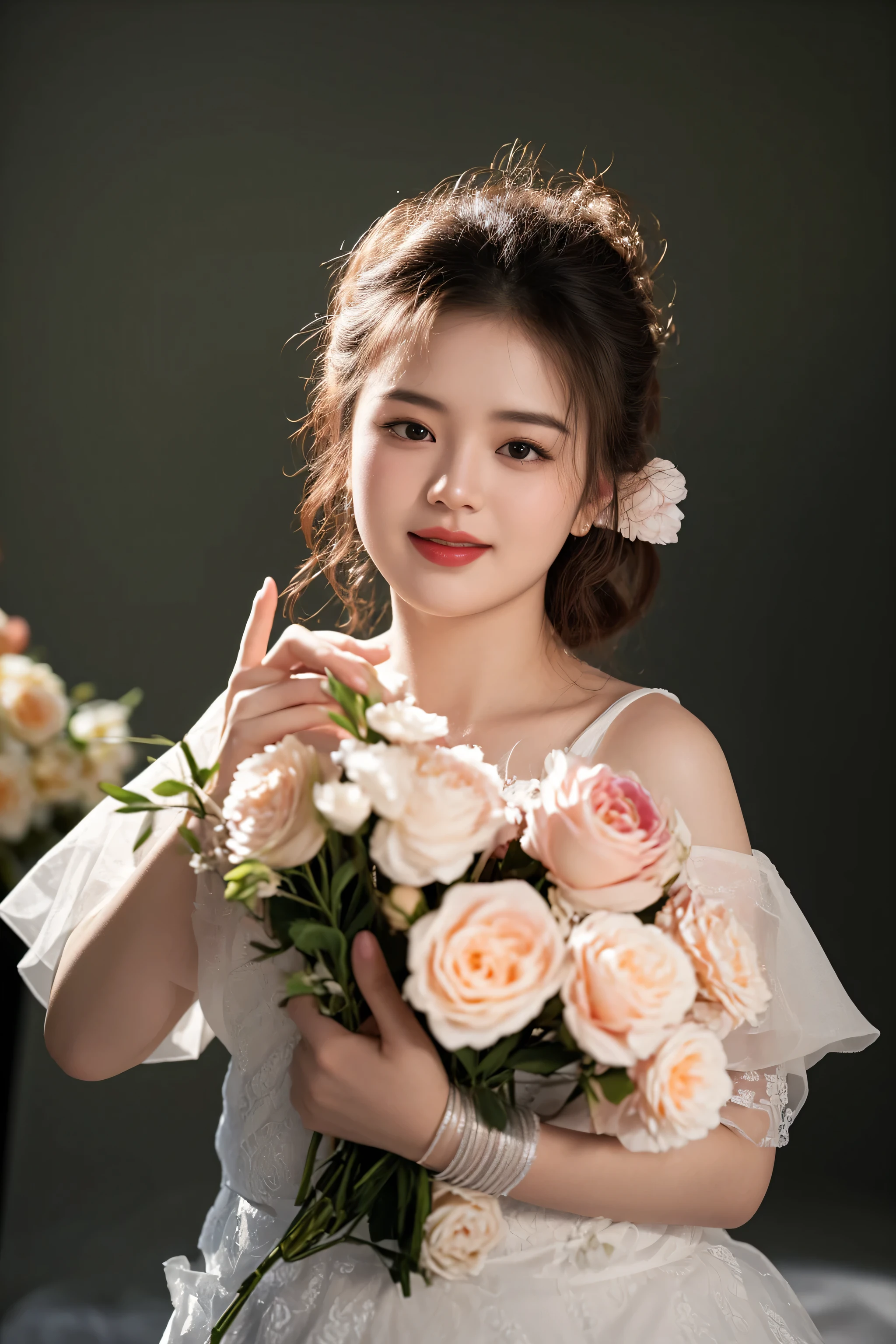 there is a woman in a white dress holding a bouquet of flowers, with flowers, lovely woman, female portrait with flowers, a cute young woman, holding flowers, a young asian woman, photo taken with nikon d 7 5 0, photo taken with nikon d750, in style of lam manh, 60mm portrait, 7 0 mm portrait