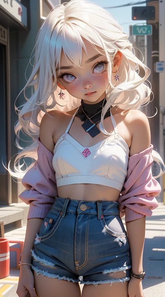 ((highest quality, High resolution,8K)), 1 girl, high school student, beautiful girl, ((white hair, curly hair:0.8)), (detailed face), (beautiful eyelashes, realistic eyes), (embarrassed, blush:1.3, ecstasy:1.5, , ((smooth texture:0.75, realistic texture:0.65)), medium breasts, perfect body, fully body, bikini top, jeans shorts,(((little ,small tiny body,,chibi,small))),(((6 ))),(((1 toddler:1))),(baby face),ce),(little chest),(big forhead:1.2),(beautiful big eyes:1.3),extremely detailed cute anime face, (((flat chest))) slightly pregnant