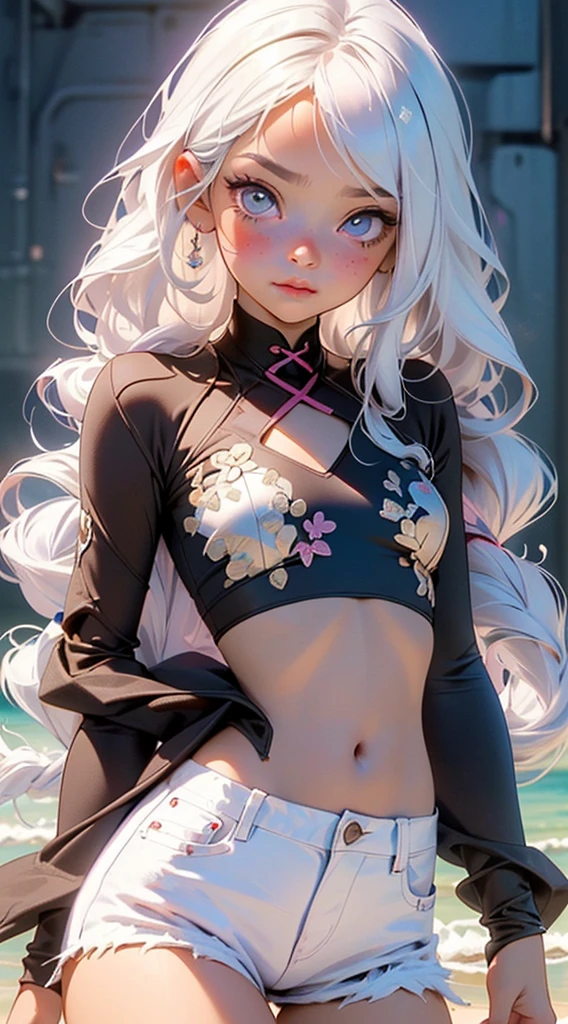 ((highest quality, High resolution,8K)), 1 girl, high school student, beautiful girl, ((white hair, curly hair:0.8)), (detailed face), (beautiful eyelashes, realistic eyes), (embarrassed, blush:1.3, ecstasy:1.5, , ((smooth texture:0.75, realistic texture:0.65)), medium breasts, perfect body, fully body, bikini top, jeans shorts,(((little ,small tiny body,,chibi,small))),((())),(((1 toddler:1.4))),(baby face),(round face),(little chest),(big forhead:1.2),(beautiful big eyes:1.3),extremely detailed cute anime face, (((flat chest))) slightly pregnant