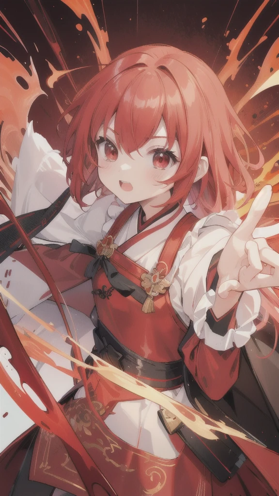 (best quality, Vibrant colors:1.2),red bobblehead doll,Vibrant red eyes,Red and black Hanfu armor,Red gloves,cockfighting,Armor that glows with fire