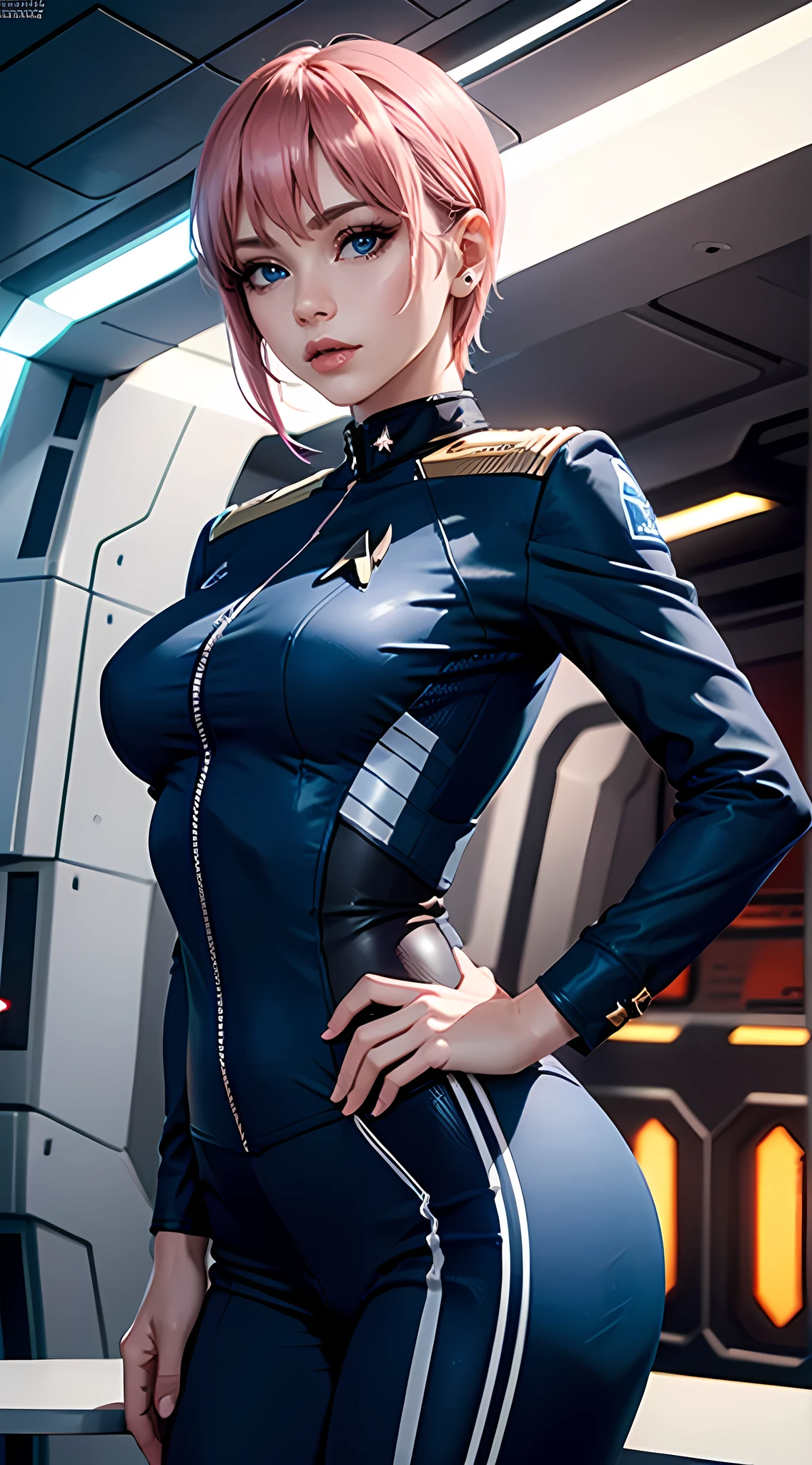 Beautiful short pink hair woman is shown to have a sexy figure, She is wearing an star trek blue uniform, jewelry, she has blue eyes, Girl standing on a bridge of a starship, sexy session, poseing, cowboy shot, superior quality, many details, realistic