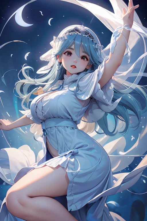 Angel，1 female，Wear a loose, veil-like garment that covers the entire body、Fluffy skirt，Hooded cloak，Have wings，Floating in the air，Blue background，The atmosphere that blends in，Young face，Far-sighted Eyes，Her plump lips are slightly open，Crisp eyebrows，