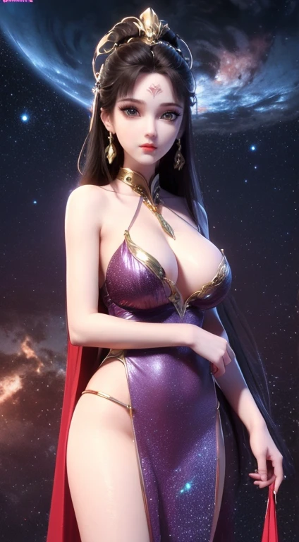 a girl from the magical world, (((Large Breasts、Breast sagging、Low-cut,Cleavage ,Wide hips,)))((Long legs)),Hourglass figure))Wear thin, ((Sexy red nightgown with black lace trim: 1.2)), Deep slit shirt, Long, silky black hair, most beautiful、The finest hair accessories, Pretty face with thin eyebrows, most beautiful、spotless face, ((Black Iris:0.8)), very beautiful eyes, big round eyes, ((Purple Eyes:1.1)), Delicate eyelash makeup, high nose, Wearing earrings, Little Red Lips, ruddy face, cleanface, Beautiful and flawless face, Light滑白皙的皮肤, ((Large Breasts: 0.9)), Blooms ,, ((Breasts are super tight:1.2)), ((Breast Augmentation: 0.8)), Beautiful breasts, slim and fit, ((Thin waist: 0.9)), Sexy Girl, skirt, 8K photo, super high quality, Surreal, 10x super pixels, photo般逼真, Dark Studio, border Light, two tone Light, (High detail skin: 1.2), 8K uhd, Digital SLR Camera, soft Light, high quality, volumetric Light, frank, photo, high resolution, Light, 最好的photo, 4k picture quality, 8K, Bokeh, Light滑锋利, 10 times more pixels, (Background Space: 1.8), (galaxy: 1.7), 极Light, Lightning, Super Graphics, The most realistic graphics,(极Light背景: 1.8), Solitary, Solitary, Upper Body, Portrait 9:16, Extremely sharp, Surreal images,
