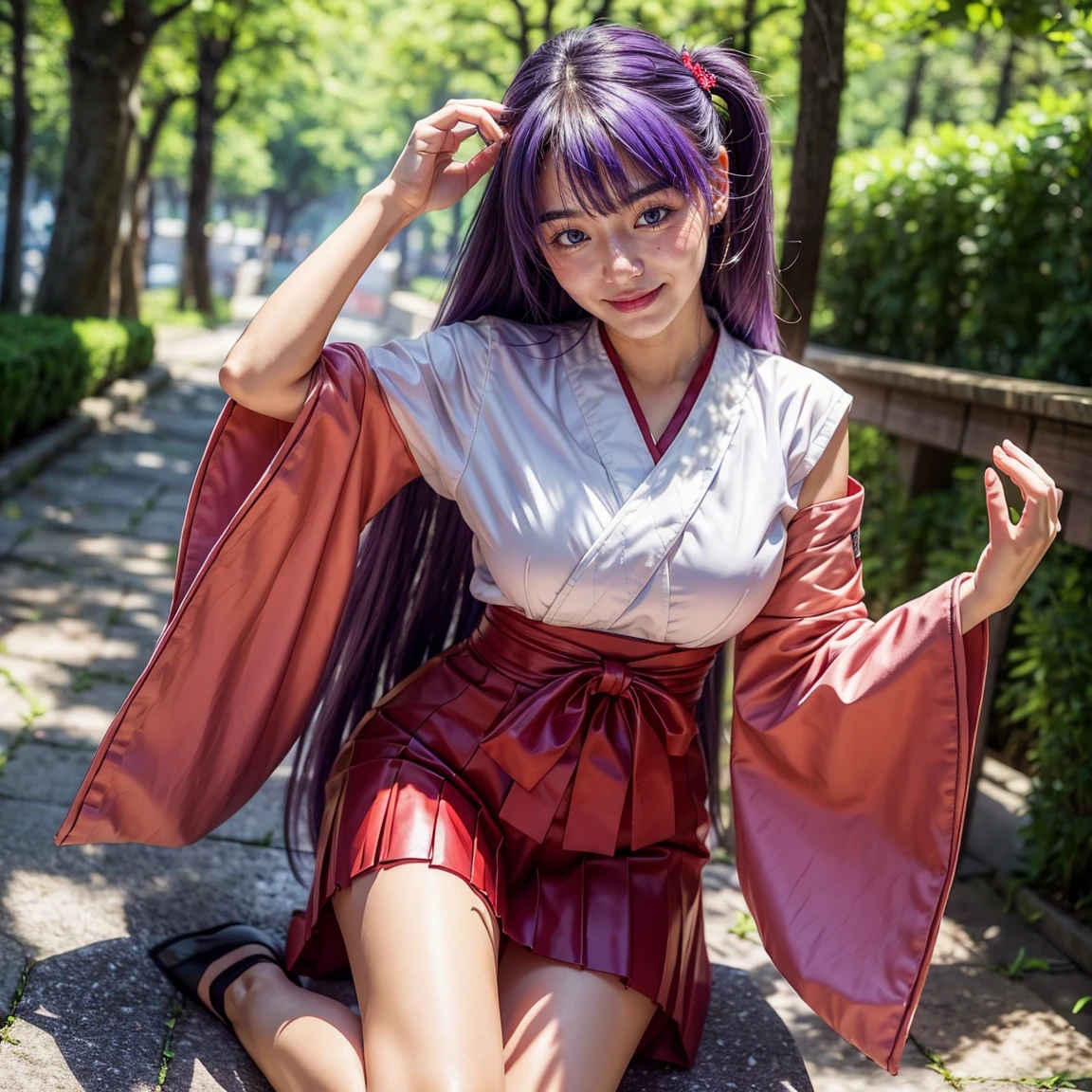 ultra-detailed, Beautiful body, Beautiful Nose, Beautiful character design, perfect eyes, perfect face, ultra highres, 16K, beautiful legs, perfect legs, Nice hands, Perfect hands, Masterpiece, Best Quality, Highly detailed, illustration, absurdres, perfect ???????, expression of joy, glowing eyes, looking at viewer, mystic aura, female priestess, full body, goddess-like, happy trance, perfect female body, smile, japanese clothes, miko, detached sleeves, hakama, hakama skirt, red hakama, ribbon-trimmed sleeves, joyful eyes, horns, 1girl, hair ornaments, purple hair, long hair, purple eyes, (((pixel-perfect, detail-perfect))), solo, Hanyuu, higurashi when they cry, umineko when they cry, medium sized natural breasts