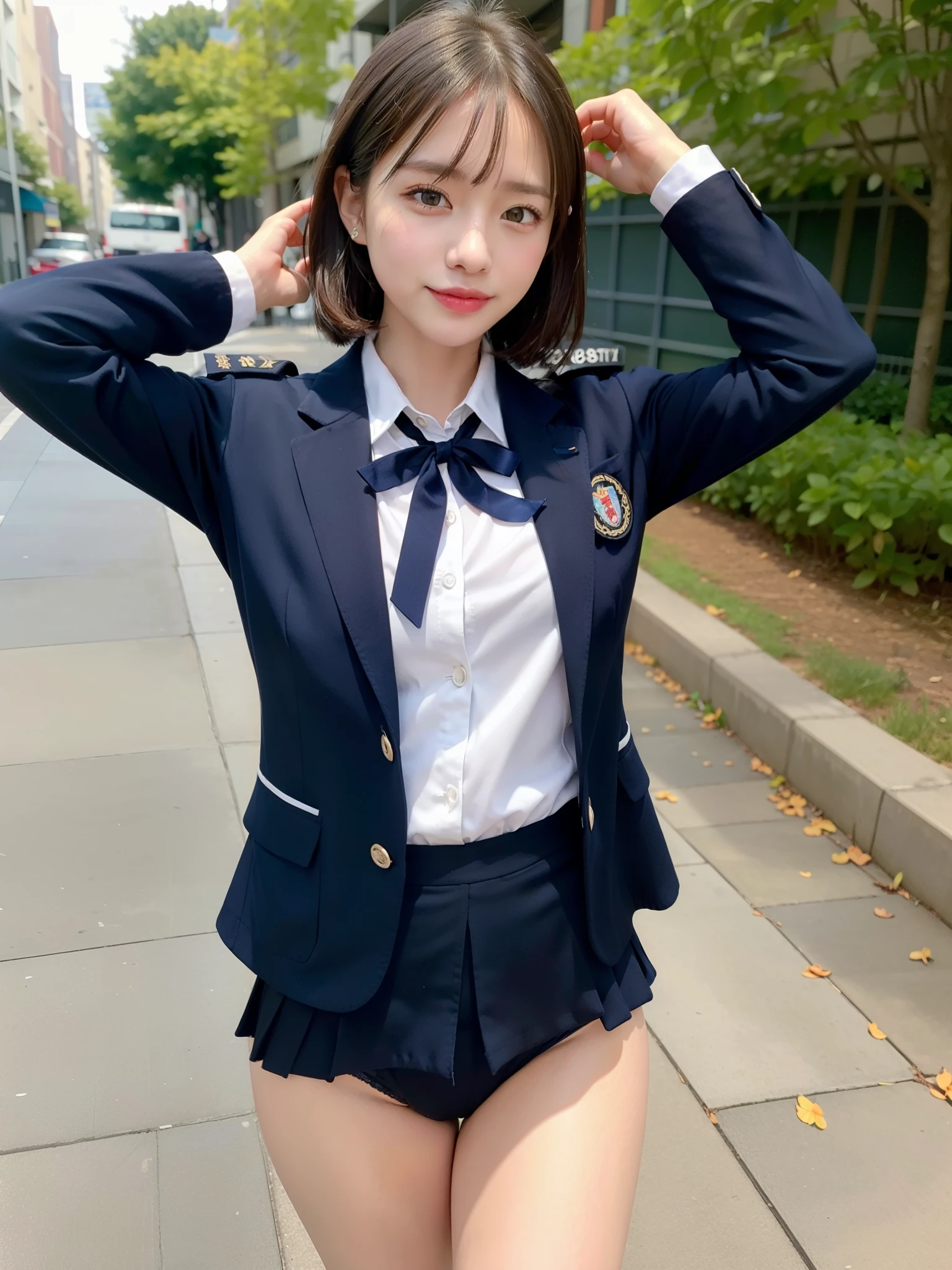 ((Best of the highest quality, 8k, Masterpiece, raw photo: 1.3)), Sharp focus: 1.2, (1 AESPA, slim body type female, 21 y/o: 1.1), (Solo: 1.2), (realistic, photo-realistic:1.37), face focus, cute face, finely eyes, side lighting, using reflectors, (small breasts, flat chest, Thigh: 1.3), (short messy hair: 1.28), (wearing navy blazer school uniform, panties: 1.32), (ribbon: 1.2), walking terrace dining, sun light, flower, (arms up: 1.1)