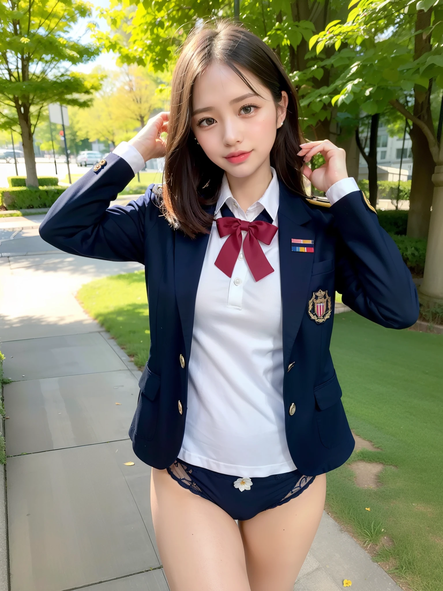 ((Best of the highest quality, 8k, Masterpiece, raw photo: 1.3)), Sharp focus: 1.2, (1 AESPA, slim body type female, 21 y/o: 1.1), (Solo: 1.2), (realistic, photo-realistic:1.37), face focus, cute face, finely eyes, side lighting, using reflectors, (small breasts, flat chest, Thigh: 1.3), (short messy hair: 1.28), (wearing navy blazer school uniform, panties: 1.32), (ribbon: 1.2), walking terrace dining, sun light, flower, (arms up: 1.1)
