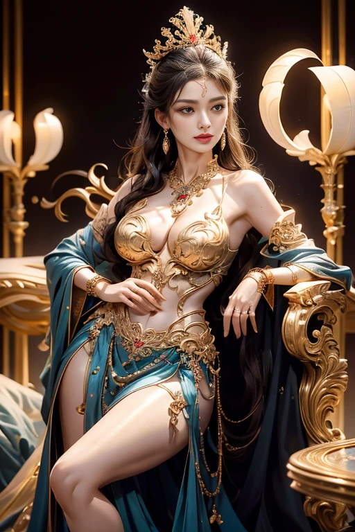 Noble Goddess，scepter in hand，Elegant temperament，Mysterious atmosphere，best quality、masterpiece、high resolution、1 Girl、(((Large Breasts、Breast sagging、Low-cut，Cleavage ，Wide hips,)))((Long legs)),Hourglass figure))Clear silk porcelain dress、Good face shape、Hair accessories、looking at the audience、Shift Dress、Hair accessories、Necklace、Jewel-like、Black long hair、earrings、Pretty Face、Sit in a golden chair，Ancient mythology、palace，Luxurious and detailed background、realism、Professional lighting、Edge lighting、Two-color lighting、（High Detail Skin：1.2）、8K, Ultra high quality、Digital SLR Camera、Soft Light、high quality，Volumetric Lighting，high resolution 4K，Blurred Background，High contrast，Large Diameter，Auto white balance，Composition，realistically