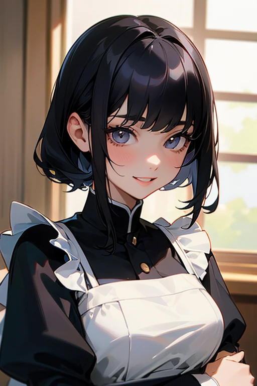 (Highest Resolution, clear_image) highest quality, Single person, One woman, alone, masterpiece, Very detailed, Semi-realistic, Black Hairのショートヘア, Black Hair, bangs, 18-year-old, mature, light blue uniform, uniform, Indoor Background, kind, Authoritative, Powerful, exquisite features, exquisite features、Eyelashes become longer、Showing teeth、smile😀、Maid clothes、woman'Fingers in the、Sleeping on the sofa、