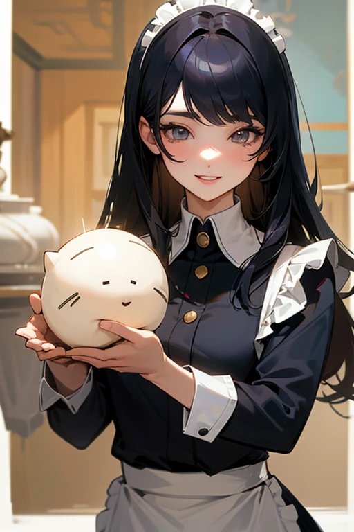 (Highest Resolution, clear_image) highest quality, Single person, One woman, alone, masterpiece, Very detailed, Semi-realistic, Black Hairのショートヘア, Black Hair, bangs, 18-year-old, mature, light blue uniform, uniform, Indoor Background, kind, Authoritative, Powerful, exquisite features, exquisite features、Eyelashes become longer、Showing teeth、smile😀、Maid clothes、woman'Fingers in the、Sleeping on the sofa、