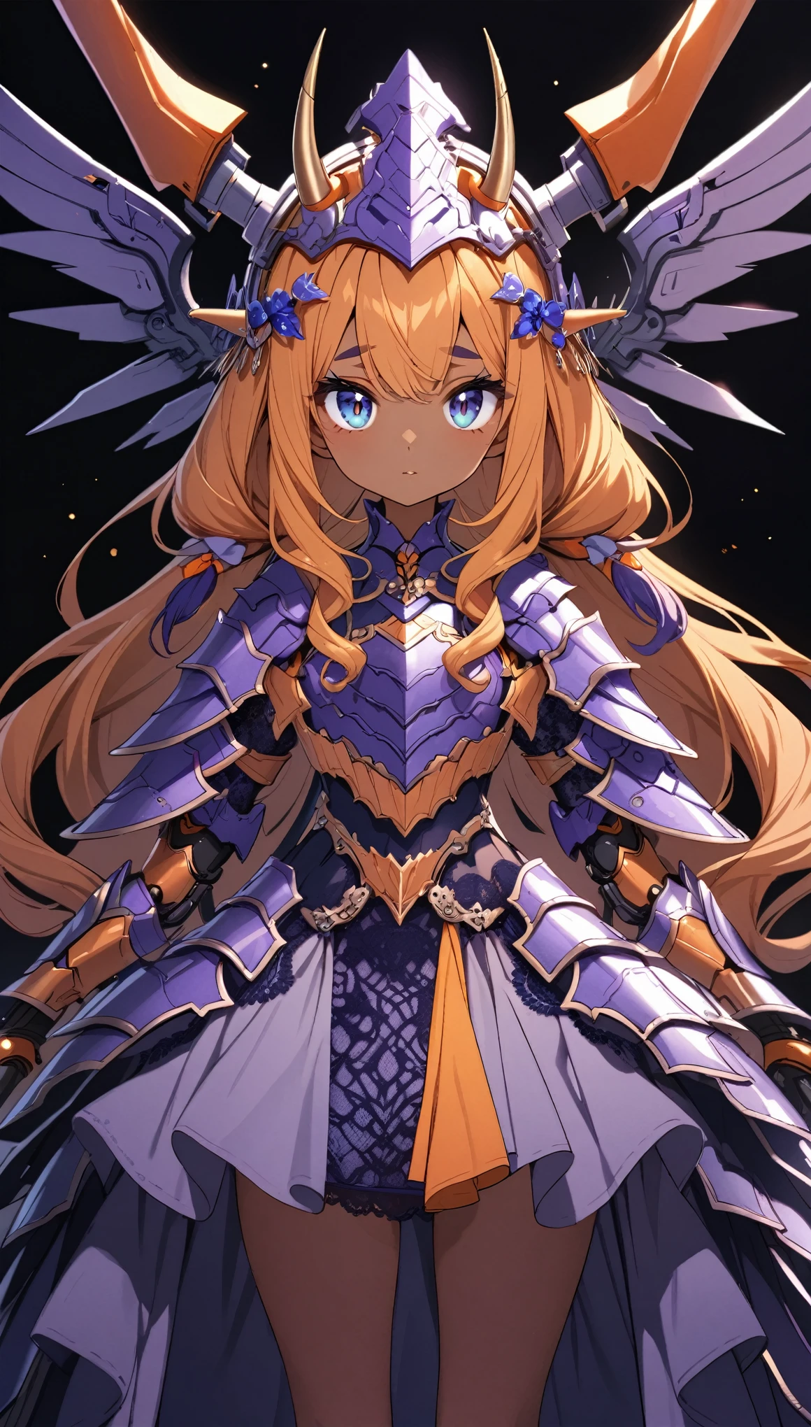 masterpiece, best quality, extremely detailed, high resolution, Japanese anime,1girl, (dark skin:1.2), gold hair, (medium length hair:1.4), curly hair, wavy hair, drill hair, low twintails, (mechanical horn:1.5), (mechanical wing:1.2), (eye lashes:1.3), (eye shadow:1.3), (eye brow:1.3), (blue eyes:1.5), (beautiful detailed eyes:1.4), (eyes half-closed:1.1), laugh, 130cm tall, original character, fantasy, (black background:1.2), beautiful fingers, standing, (blue purple Orange-colored lace frill armor dress:1.5), (mechanical headdress:1.5) , shoot from front, looking at viewer ,