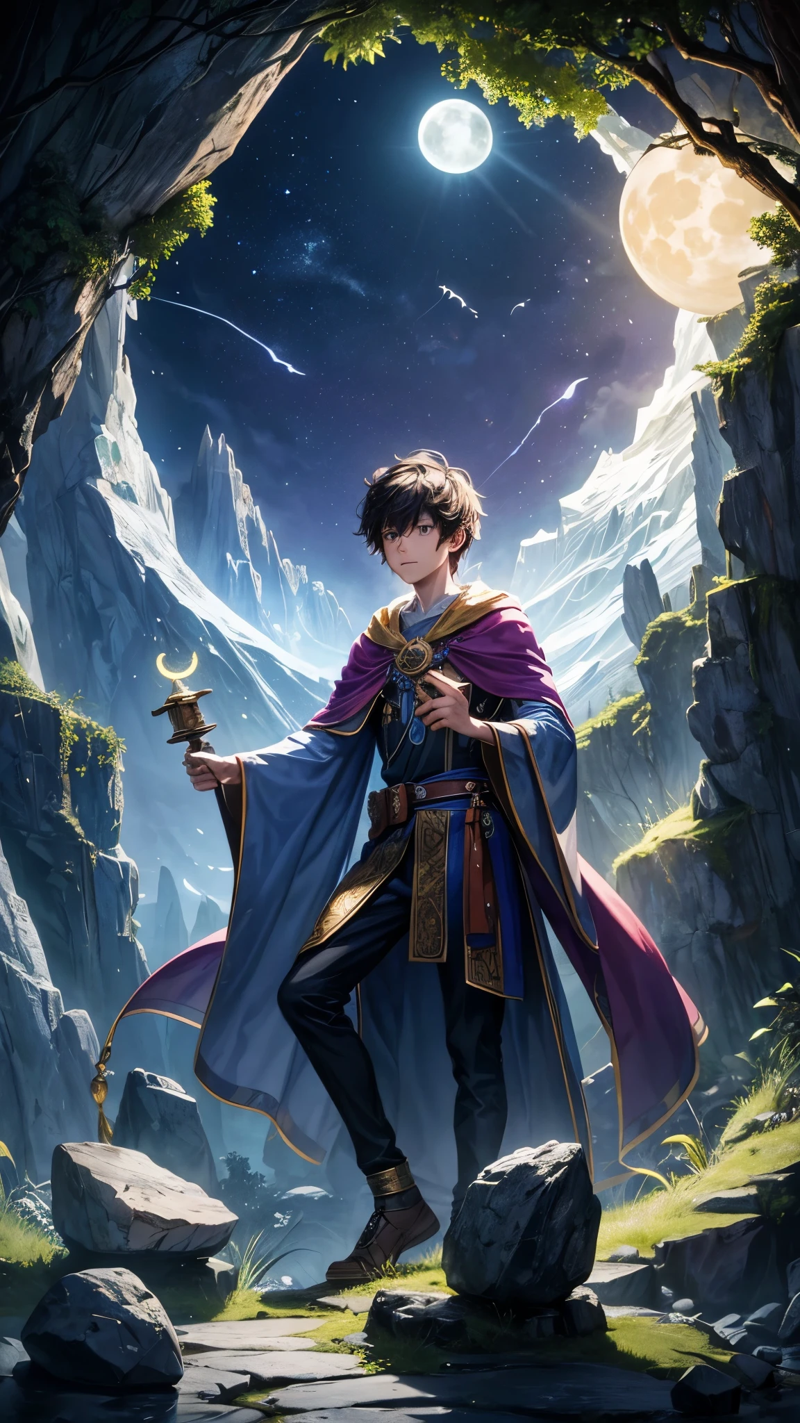 a teenage boy wearing a beautiful fantasy wizard robe facing an altar and ancient rocks as the core of the other rocks around him, in the middle of a dense forest and spreading nature, at night, the moon is visible but it is a triple moon or a witch symbol like symbolic of the mythological creature hecate 