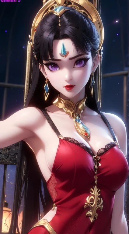 a girl from the magical world,(((Large Breasts、Breast sagging、Low-cut，Cleavage ，Wide hips,)))((Long legs)),Hourglass figure)) Wear thin, ((Sexy red nightgown with black lace trim: 1.2)), Deep slit shirt, Long, silky black hair, most beautiful、The finest hair accessories, Pretty face with thin eyebrows, most beautiful、spotless face, ((Black Iris:0.8)), very beautiful eyes, big round eyes, ((Purple Eyes:1.1)), Delicate eyelash makeup, high nose, Wearing earrings, Little Red Lips, ruddy face, cleanface, Beautiful and flawless face, Light滑白皙的皮肤, ((Large Breasts: 0.9)), Blooms , , ((Breasts are super tight:1.2)), ((Breast Augmentation: 0.8)), Beautiful breasts, slim and fit, ((Thin waist: 0.9)), Sexy Girl, skirt, 8K photo, super high quality, Surreal, 10x super pixels, photo般逼真, Dark Studio, border Light, two tone Light, (High detail skin: 1.2), 8K uhd, Digital SLR Camera, soft Light, high quality, volumetric Light, frank, photo, high resolution, Light, 最好的photo, 4k picture quality, 8K, Bokeh, Light滑锋利, 10 times more pixels, (Background Space: 1.8), (galaxy: 1.7), 极Light, Lightning, Super Graphics, The most realistic graphics,(极Light背景: 1.8), Solitary, Solitary, Upper Body, Portrait 9:16, Extremely sharp, Surreal images,