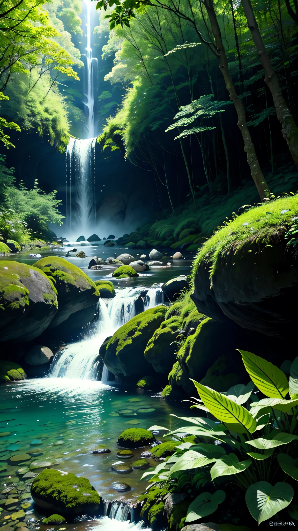 Uma floresta verde(altamente realista), A strong and healthy green
There is a waterfall with a shallow water river,
In this river there are stones
The water is blue and crystal clear, very beautiful and brings a feeling of purity
It is a sunny day with few clouds that leaves the environment very bright and colorful
And there are several types of plants of various colors in the forest,The grass is short(realista)