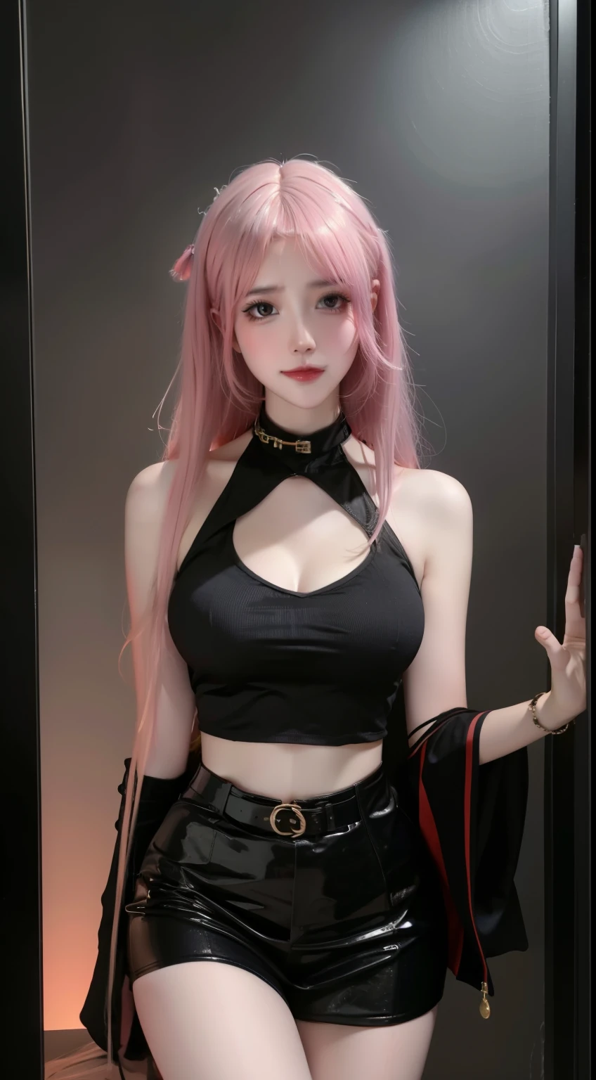 8K, hyper realisitc, tmasterpiece, Best quality at best, ultra - detailed, A high resolution, Random background, 1个Giant Breast Girl, (:1.5), Willow waist, Wide hips, knees, the night , 's, choker necklace
