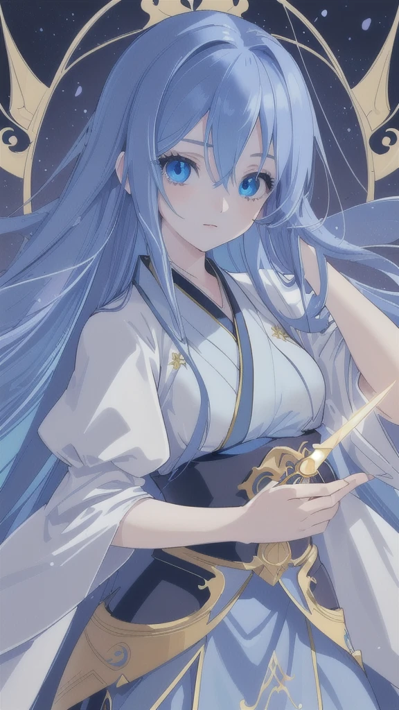 (best quality,4k,highres),detailed and realistic portrait,anime style,beautiful girl with long deep blue hair,gorgeous sapphire eyes,blue hanfu armor,dagger
