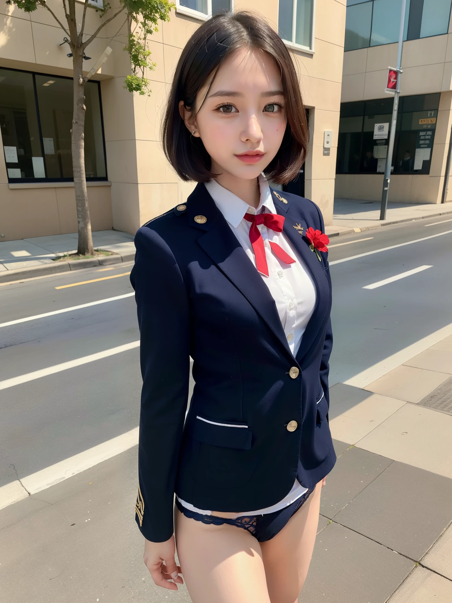 ((Best of the highest quality, 8k, Masterpiece, raw photo: 1.3)), Sharp focus: 1.2, (1 AESPA, slim body type female, 21 y/o: 1.1), (Solo: 1.2), (realistic, photo-realistic:1.37), face focus, cute face, finely eyes, side lighting, using reflectors, (small breasts, flat chest, Thigh: 1.3), (short messy hair: 1.28), (wearing navy blazer school uniform, bra, panties: 1.32), (ribbon: 1.2), walking terrace dining, sun light, flower,