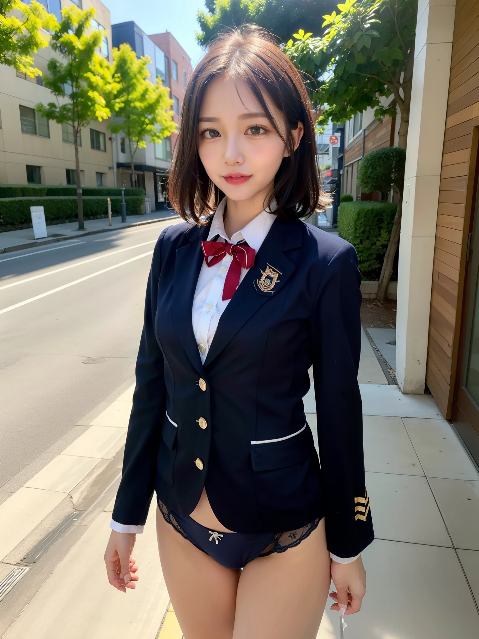 ((Best of the highest quality, 8k, Masterpiece, raw photo: 1.3)), Sharp focus: 1.2, (1 AESPA, slim body type female, 21 y/o: 1.1), (Solo: 1.2), (realistic, photo-realistic:1.37), face focus, cute face, finely eyes, side lighting, using reflectors, (small breasts, flat chest, Thigh: 1.3), (short messy hair: 1.28), (wearing navy blazer school uniform, bra, panties: 1.32), (ribbon: 1.2), walking terrace dining, sun light, flower,