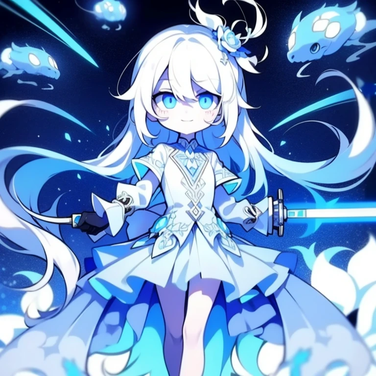  girl，k hd，4K，face expressionless，style of anime，sideface，blue color eyes，white color hair,((full body)),Confused eyes,(default character)SD character, masterpiece,best quality,ultra detailed,4K,super fine illustration,highly detailed beautiful face and eyes,cyan color scheme, lighting,fantasy,extremely solemn atmosphere,long hair,floating hair,smirk,fighting stance,dynamic pose,(holding glowing sword:1.3),particle light,luminescence,plasma,electric current,blue flame,sense of depth,dynamic angle,