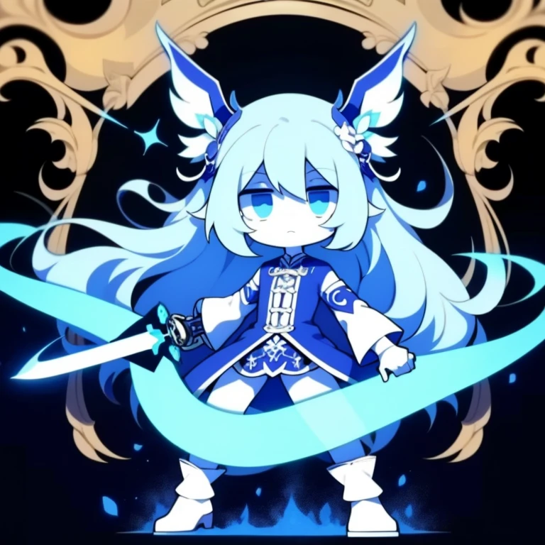 girl,k hd,4K,face expressionless,style of anime,sideface,blue color eyes,white color hair,((full body)),Confused eyes,(default character)SD character, masterpiece,best quality,ultra detailed,4K,super fine illustration,highly detailed beautiful face and eyes,cyan color scheme, lighting,fantasy,extremely solemn atmosphere,long hair,floating hair,smirk,fighting stance,dynamic pose,(holding glowing sword:1.3),particle light,luminescence,plasma,electric current,blue flame,sense of depth,dynamic angle,