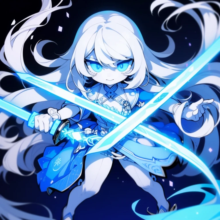  girl，k hd，4K，face expressionless，style of anime，sideface，blue color eyes，white color hair,((full body)),Confused eyes,(default character)SD character, masterpiece,best quality,ultra detailed,4K,super fine illustration,highly detailed beautiful face and eyes,cyan color scheme, lighting,fantasy,extremely solemn atmosphere,long hair,floating hair,smirk,fighting stance,dynamic pose,(holding glowing sword:1.3),particle light,luminescence,plasma,electric current,blue flame,sense of depth,dynamic angle,