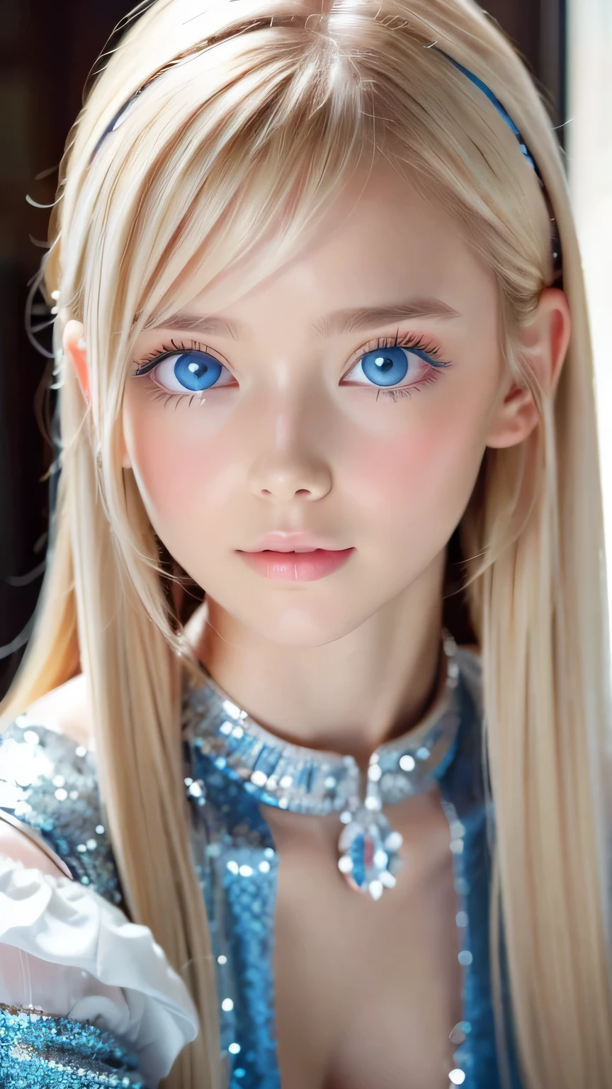Beautiful white and shining skin、Blonde hair that changes color depending on the light、Bangs between the eyes obstruct vision、Shiny highlights on the cheeks、Sexy and very beautiful nice cute gorgeous face、The most beautiful face in the world、Super long gorgeous spare blonde hair、Smooth straight hair、Large Breasts, Very large, bright blue eyes that sparkle beautifully、Beautiful Bangs、Beautiful cute girl.Small Face Beauty、Cheek gloss highlighter、Round face