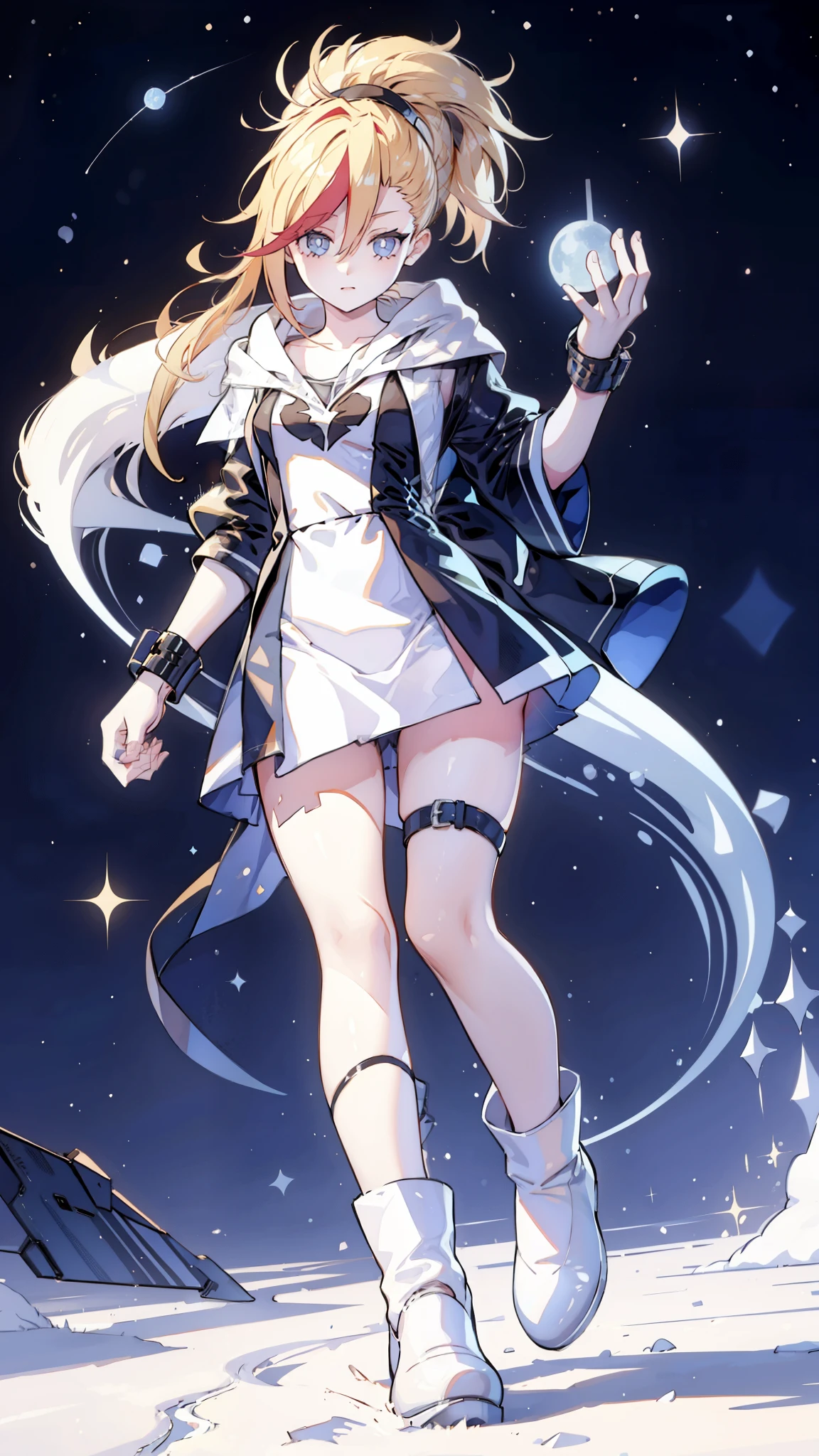 1 girl, ultra long hair, ultra detailed face, glowing lips, glowing blue eyes, very long ponytail, elegant walk, catwalk, holding moon glaive, blonde, long eyelashes, long boots , looking to the sky, starry sky, 