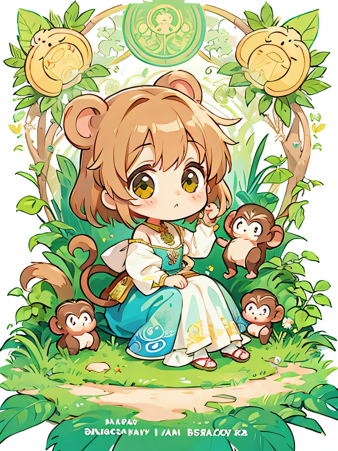 Alphonse Mucha style, Kawaii Design, The most beautiful girl of all time、Chibi, Cute monkeys、play together、monkey Forest