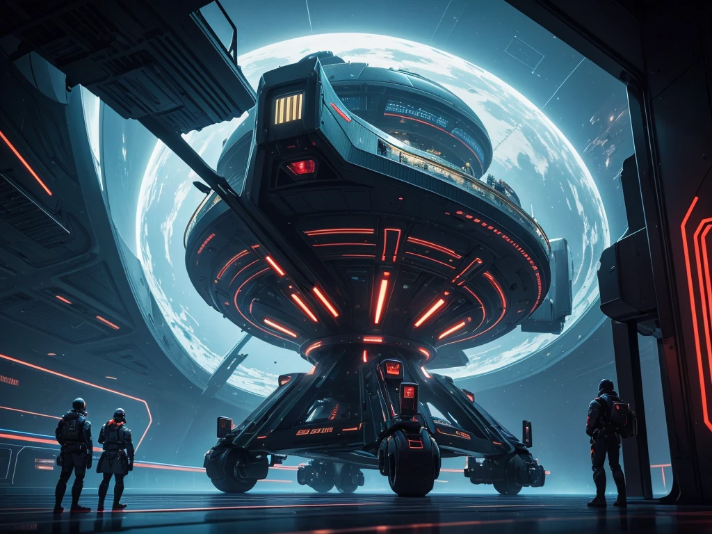 A breathtaking, hyperrealist masterpiece that seamlessly blends the artistic styles of H.G.Wells, Issac Asimov, and Steampunk. The focal point is an extraordinary, futuristic sci-fi portrait of an immense starship, with neon gold and ruby red as its primary colors, creating a striking contrast against the vastness of space.Starship UPA Vagark NDD 1825 out a of hard glass +dark gold+ aquamarine.The glass & metal ring is a 432' long and 24 in diameter.There is a saucer section that is 72' high by 288' long by 144'wide,&it goes beyond the ring by 60° to the front of the Starship.Put 2 nacels@ 75° above the back of the Starship.A striking digital illustration of the interior of a massive spaceship with a grey exterior, illuminated by blue neon light fixtures. Intricate levels and rooms are interconnected, with workers dressed in forest green body armor attending to their duties. The background features futuristic tech and industrial design elements, including towering skyscrapers and AI figures in awe. Through the dock window, another spaceship is visible, flying just outside. The birth of the world's first functional quantum computer is masterfully depicted as a glowing, intricate structure in the foreground. The starship's primary colors are neon gold and candy apple red, contrasting against the vastness of space and inspired by visionary styles of Jules Verne, Leonardo Da Vinci.A highly detailed, photorealist hyperdetailed, masterpiece, seamlessly blending the artistic styles of George Lucas, & Larry Niven.The primary colors of the immense starship are neon gold, sky blue and ruby red accents, creating a striking contrast against the vastness of space with lemon-colored crystalline nacelles, elegantly angled at 75 degrees, emit a mesmerizing neon sky blue light, adding to the ship's futuristic allure.