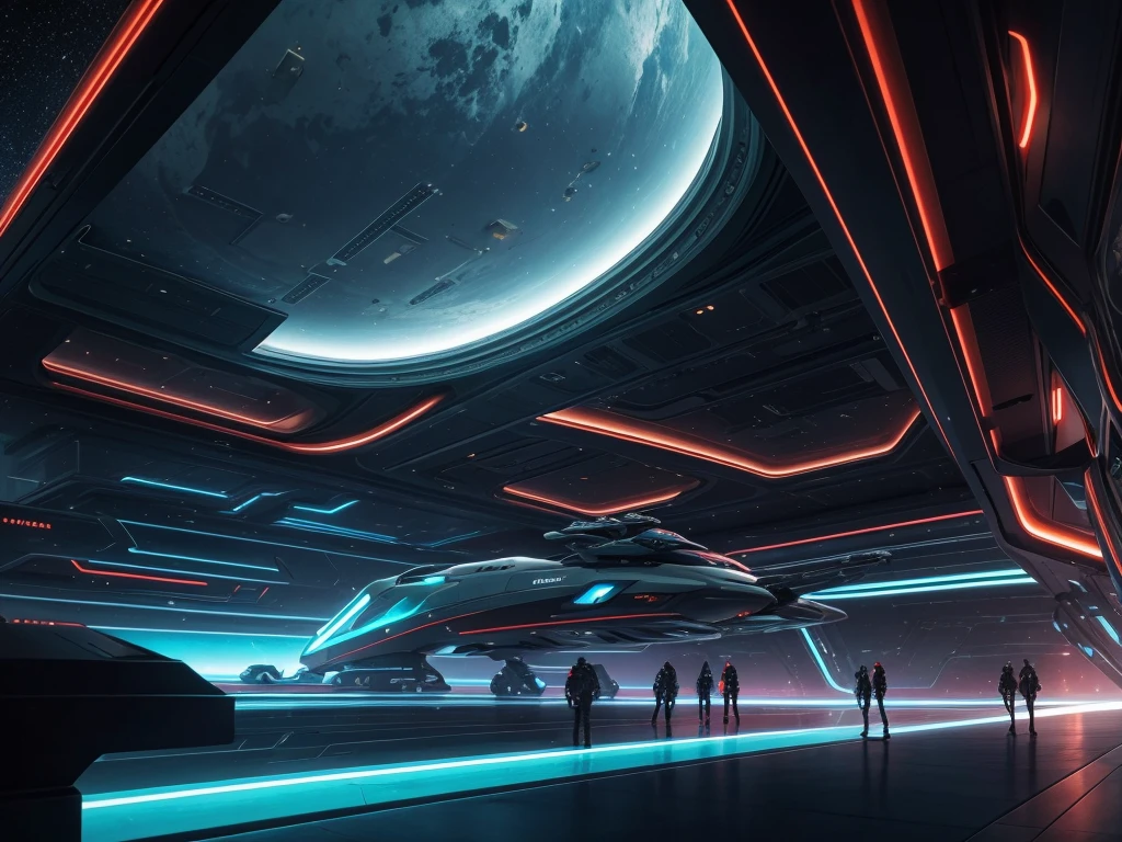 A breathtaking, hyperrealist masterpiece that seamlessly blends the artistic styles of H.G.Wells, Issac Asimov, and Steampunk. The focal point is an extraordinary, futuristic sci-fi portrait of an immense starship, with neon gold and ruby red as its primary colors, creating a striking contrast against the vastness of space.Starship UPA Vagark NDD 1825 out a of hard glass +dark gold+ aquamarine.The glass & metal ring is a 432' long and 24 in diameter.There is a saucer section that is 72' high by 288' long by 144'wide,&it goes beyond the ring by 60° to the front of the Starship.Put 2 nacels@ 75° above the back of the Starship.A striking digital illustration of the interior of a massive spaceship with a grey exterior, illuminated by blue neon light fixtures. Intricate levels and rooms are interconnected, with workers dressed in forest green body armor attending to their duties. The background features futuristic tech and industrial design elements, including towering skyscrapers and AI figures in awe. Through the dock window, another spaceship is visible, flying just outside. The birth of the world's first functional quantum computer is masterfully depicted as a glowing, intricate structure in the foreground. The starship's primary colors are neon gold and candy apple red, contrasting against the vastness of space and inspired by visionary styles of Jules Verne, Leonardo Da Vinci.A highly detailed, photorealist hyperdetailed, masterpiece, seamlessly blending the artistic styles of George Lucas, & Larry Niven.The primary colors of the immense starship are neon gold, sky blue and ruby red accents, creating a striking contrast against the vastness of space with lemon-colored crystalline nacelles, elegantly angled at 75 degrees, emit a mesmerizing neon sky blue light, adding to the ship's futuristic allure.