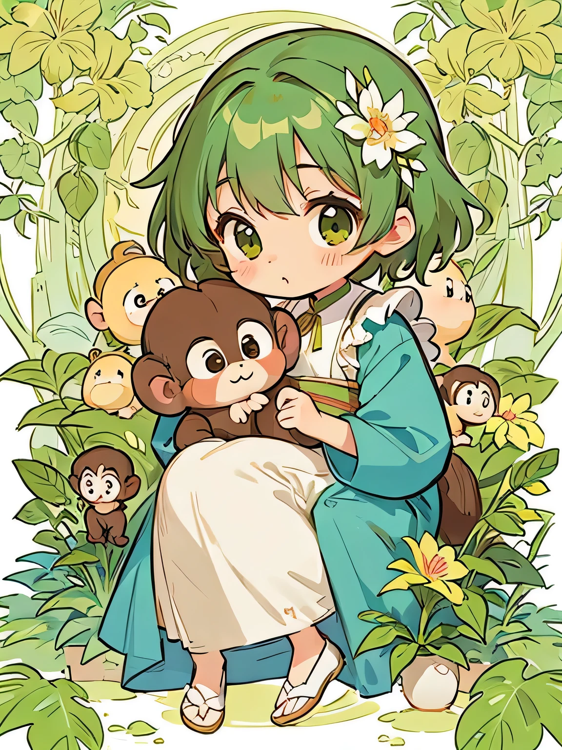 Alphonse Mucha style, Kawaii Design, The most beautiful girl of all time、Chibi, Cute monkeys、play together、monkey Forest