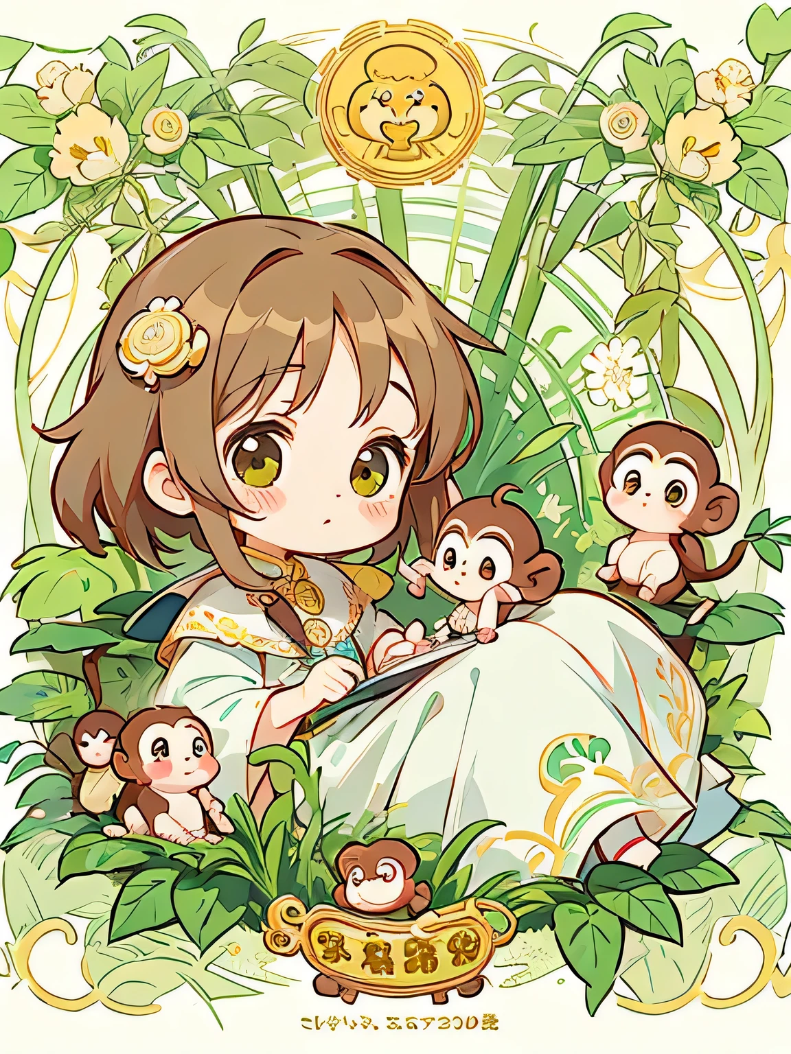 Alphonse Mucha style, Kawaii Design, The most beautiful girl of all time、Chibi, Cute monkeys、play together、monkey Forest