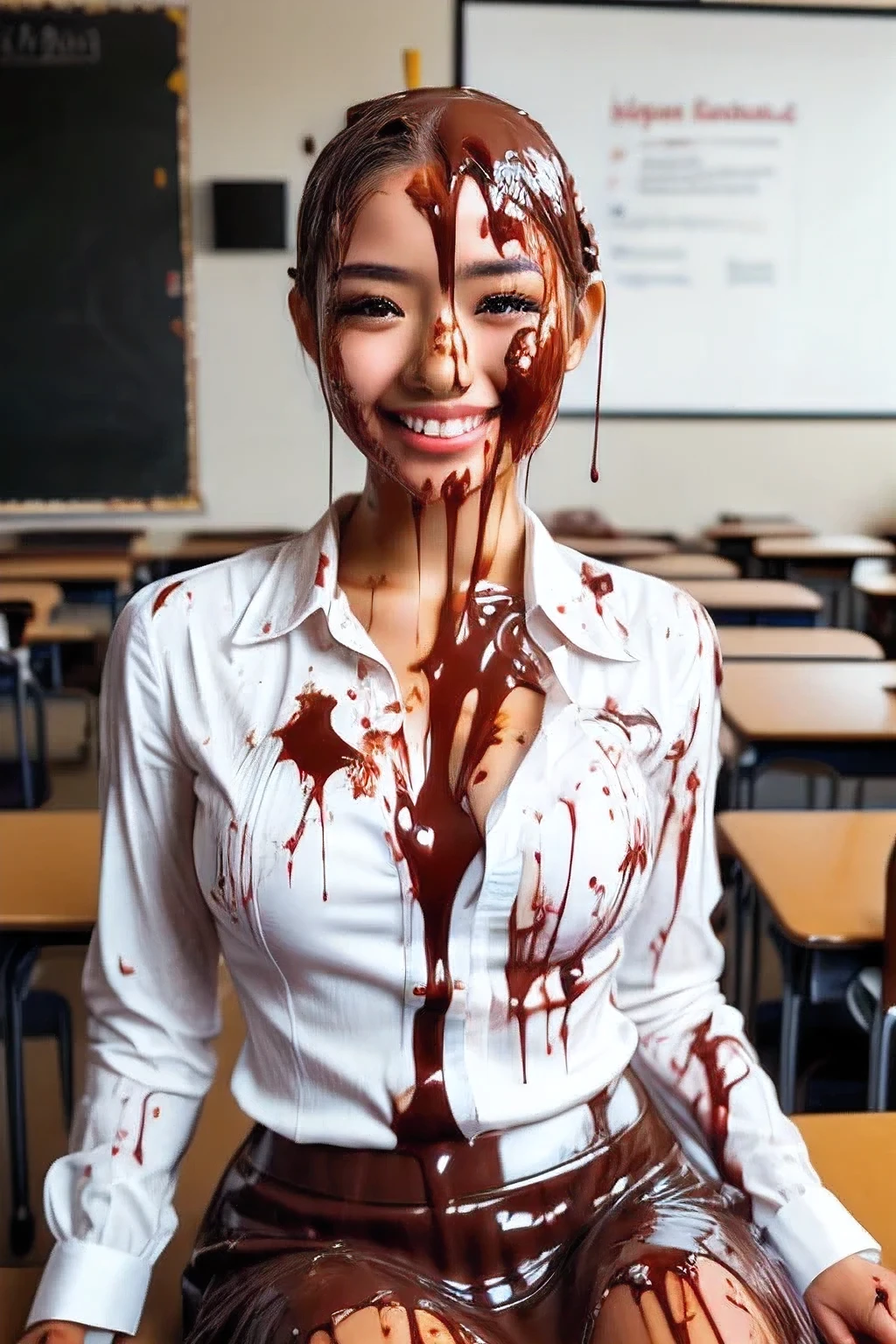 (film photograph:1.3), (photorealistic:1.4), Canon50, 16k, masterpiece, HD, detailed lips, detailed skin texture, beautiful girl, slim, skinny, extreme realism, beautiful face, delicate eyes, eyeshadow, chocolate, chocolate syrup on chest, chocolate syrup on hair, guro, blood on face, blood on hair, dirty, injury, f/2.0, bokeh, natural skin texture, textured skin, detailed textures, liquid splashes on her head, inside classroom, inside school, sitting on desk, (white button shirt, plaid skirt, cleavage: 1.1)
