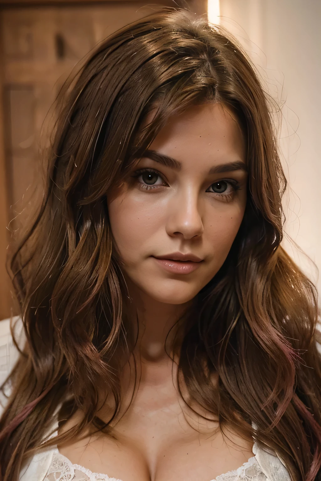 Cheveux long, brun/ Dark blond, slightly wavy. Yeux: Verts : Peau Claire avec un teint lumineux et tache de rousseurs. Slightly pink and plump lips
