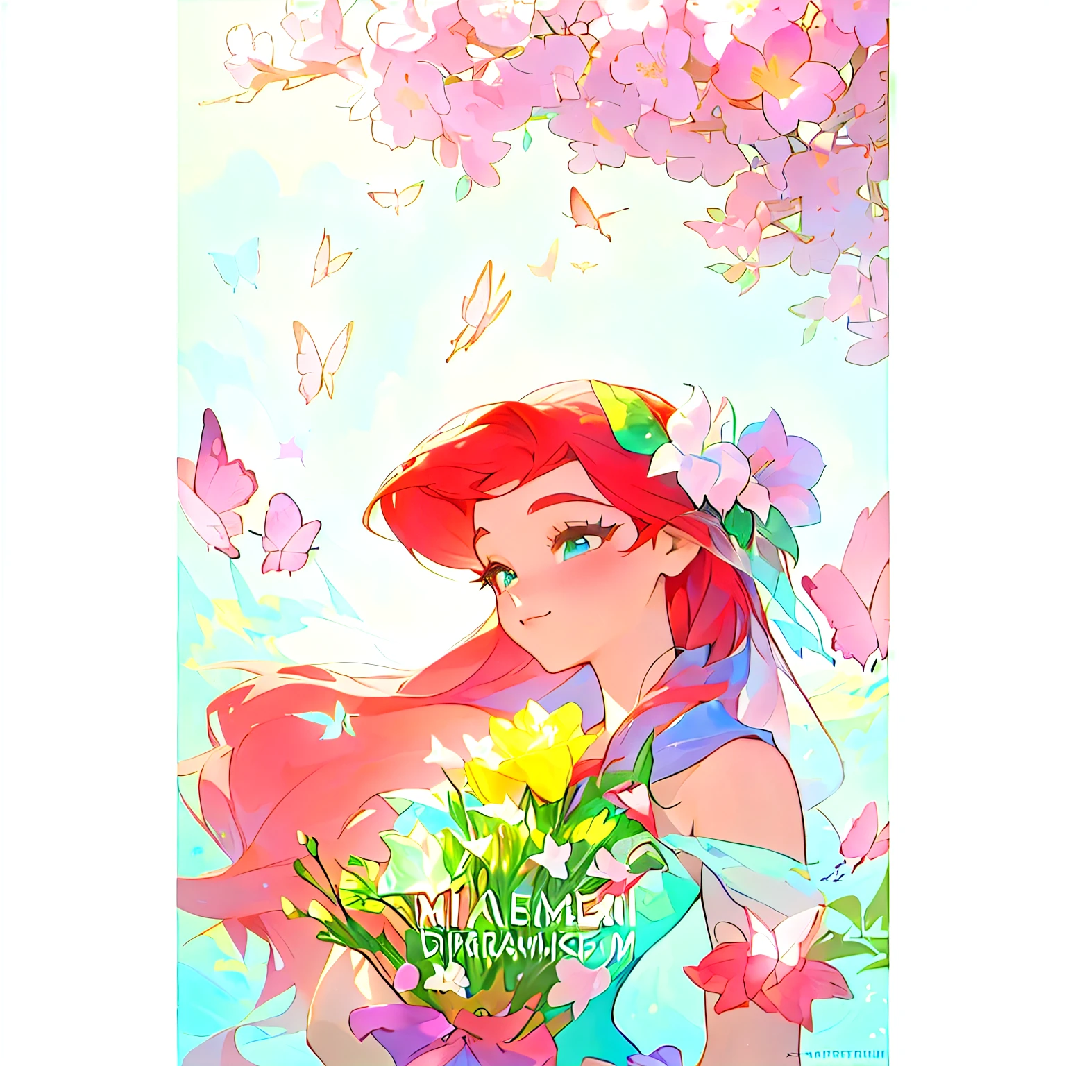 disney Princess Ariel With flowers and butterflies, Princess Ariel, ariel the The Little Mermaid, disney art style, disney artstyle, ! dream artgerm, The Little Mermaid, [ 4k digital art ]!!, author：JoWOnder, disney art, the The Little Mermaid, With flowers, Artgerm and Atey Ghailan, A beautiful artistic illustration, Spring Goddess