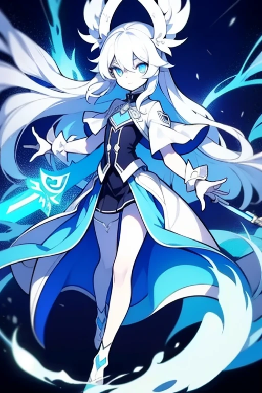 girl,k hd,4K,face expressionless,style of anime,sideface,blue color eyes,white color hair,((full body)),Confused eyes,(default character)SD character, masterpiece,best quality,ultra detailed,4K,super fine illustration,highly detailed beautiful face and eyes,cyan color scheme, lighting,fantasy,extremely solemn atmosphere,long hair,floating hair,smirk,fighting stance,dynamic pose,(holding glowing sword:1.3),particle light,luminescence,plasma,electric current,blue flame,sense of depth,dynamic angle,
