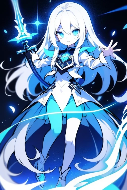 girl,k hd,4K,face expressionless,style of anime,sideface,blue color eyes,white color hair,((full body)),Confused eyes,(default character)SD character, masterpiece,best quality,ultra detailed,4K,super fine illustration,highly detailed beautiful face and eyes,cyan color scheme, lighting,fantasy,extremely solemn atmosphere,long hair,floating hair,smirk,fighting stance,dynamic pose,(holding glowing sword:1.3),particle light,luminescence,plasma,electric current,blue flame,sense of depth,dynamic angle,