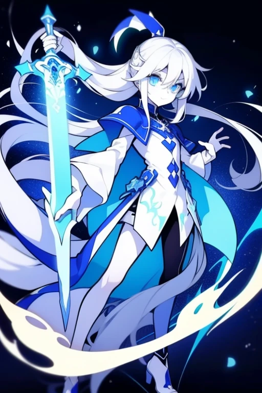 girl,k hd,4K,face expressionless,style of anime,sideface,blue color eyes,white color hair,((full body)),Confused eyes,(default character)SD character, masterpiece,best quality,ultra detailed,4K,super fine illustration,highly detailed beautiful face and eyes,cyan color scheme, lighting,fantasy,extremely solemn atmosphere,long hair,floating hair,smirk,fighting stance,dynamic pose,(holding glowing sword:1.3),particle light,luminescence,plasma,electric current,blue flame,sense of depth,dynamic angle,