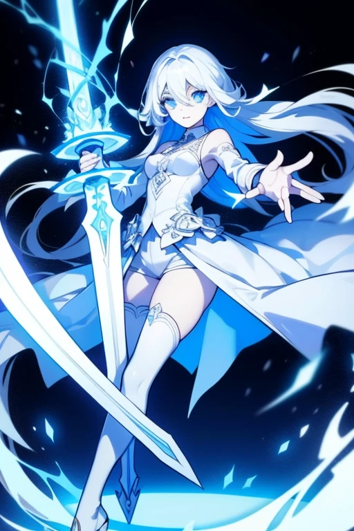  girl，k hd，4K，face expressionless，style of anime，sideface，blue color eyes，white color hair,((full body)),Confused eyes,(default character)SD character, masterpiece,best quality,ultra detailed,4K,super fine illustration,highly detailed beautiful face and eyes,cyan color scheme, lighting,fantasy,extremely solemn atmosphere,long hair,floating hair,smirk,fighting stance,dynamic pose,(holding glowing sword:1.3),particle light,luminescence,plasma,electric current,blue flame,sense of depth,dynamic angle,